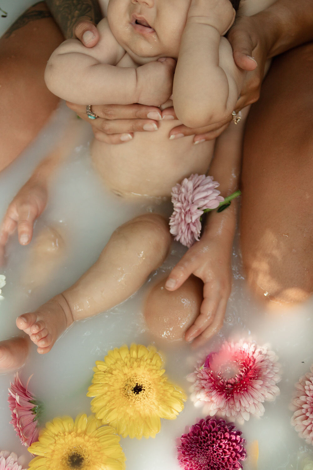 Baby in a milk bath surrounded by flowers, a creative photography session by Molly a San Diego newborn photographer