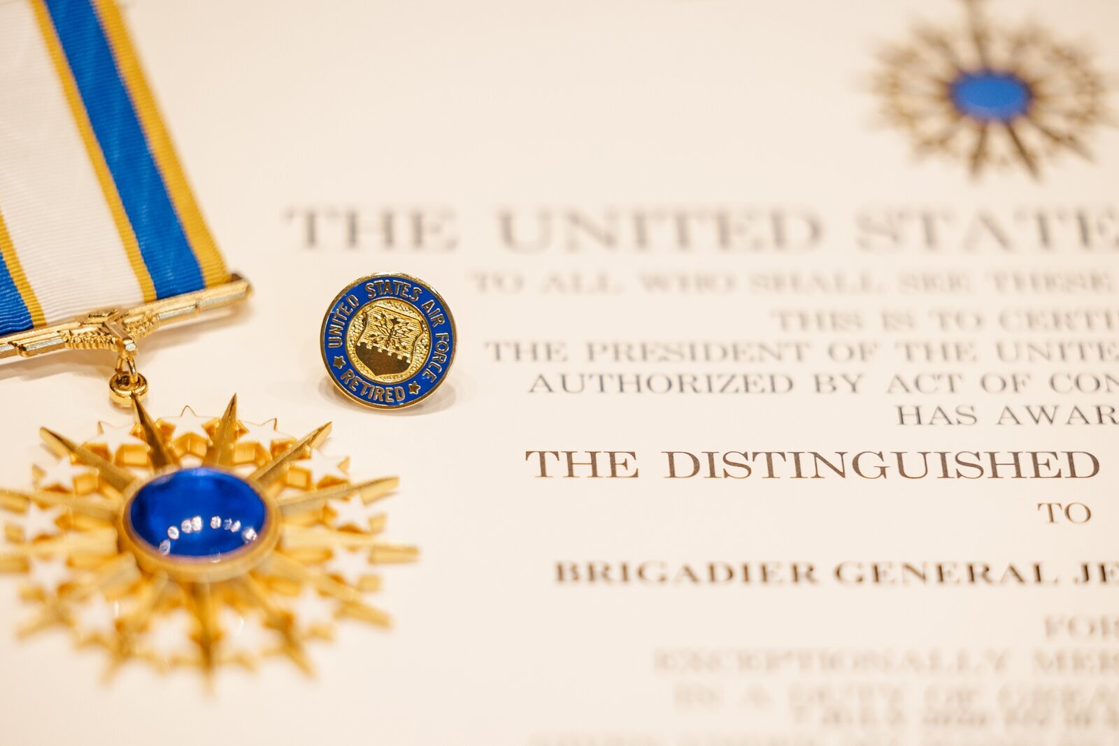 Detailed shot of awards at a Brigadier General's retirement ceremony