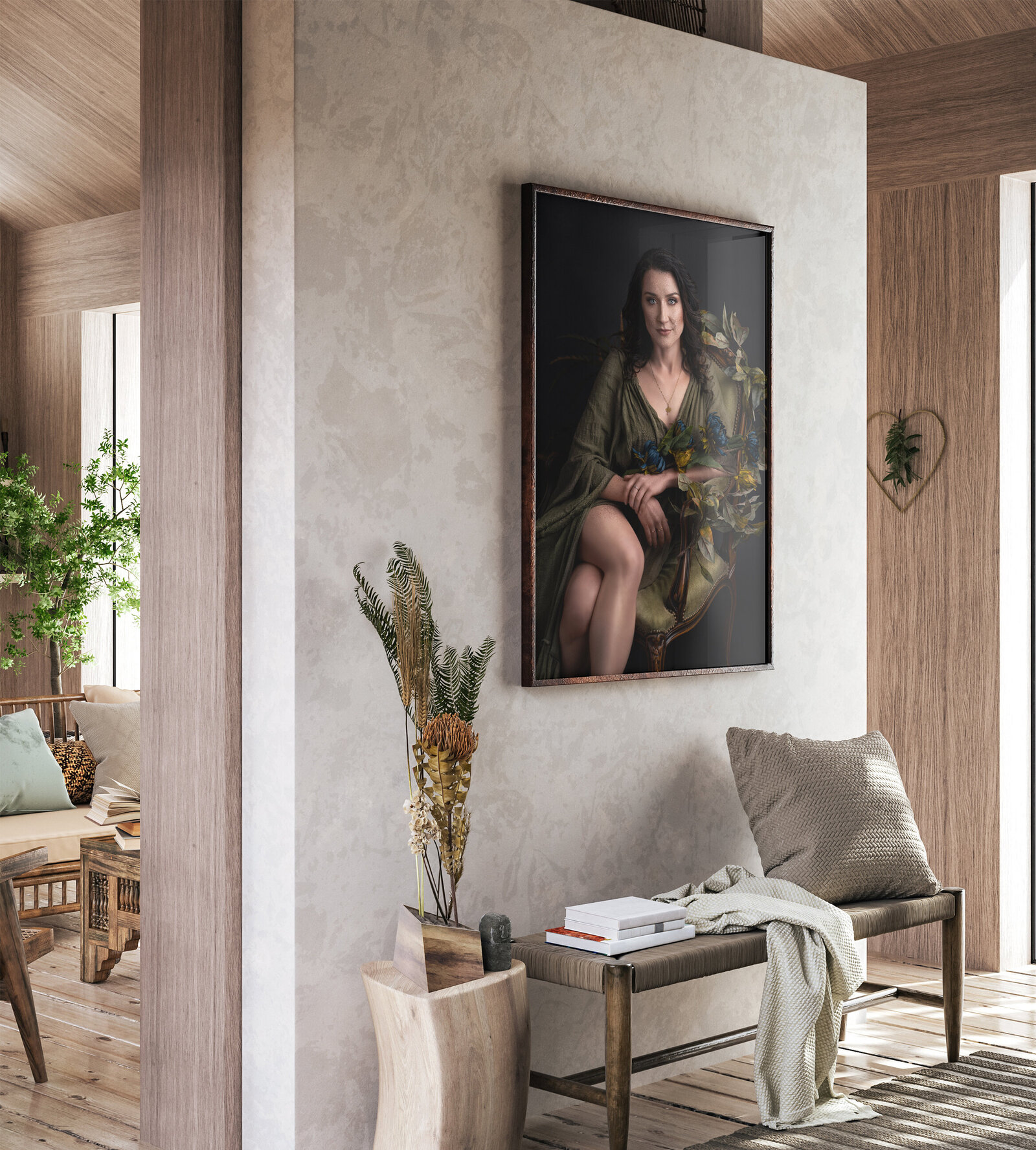 Women's Portrait of Lady in Green dress in a hallway of designer home