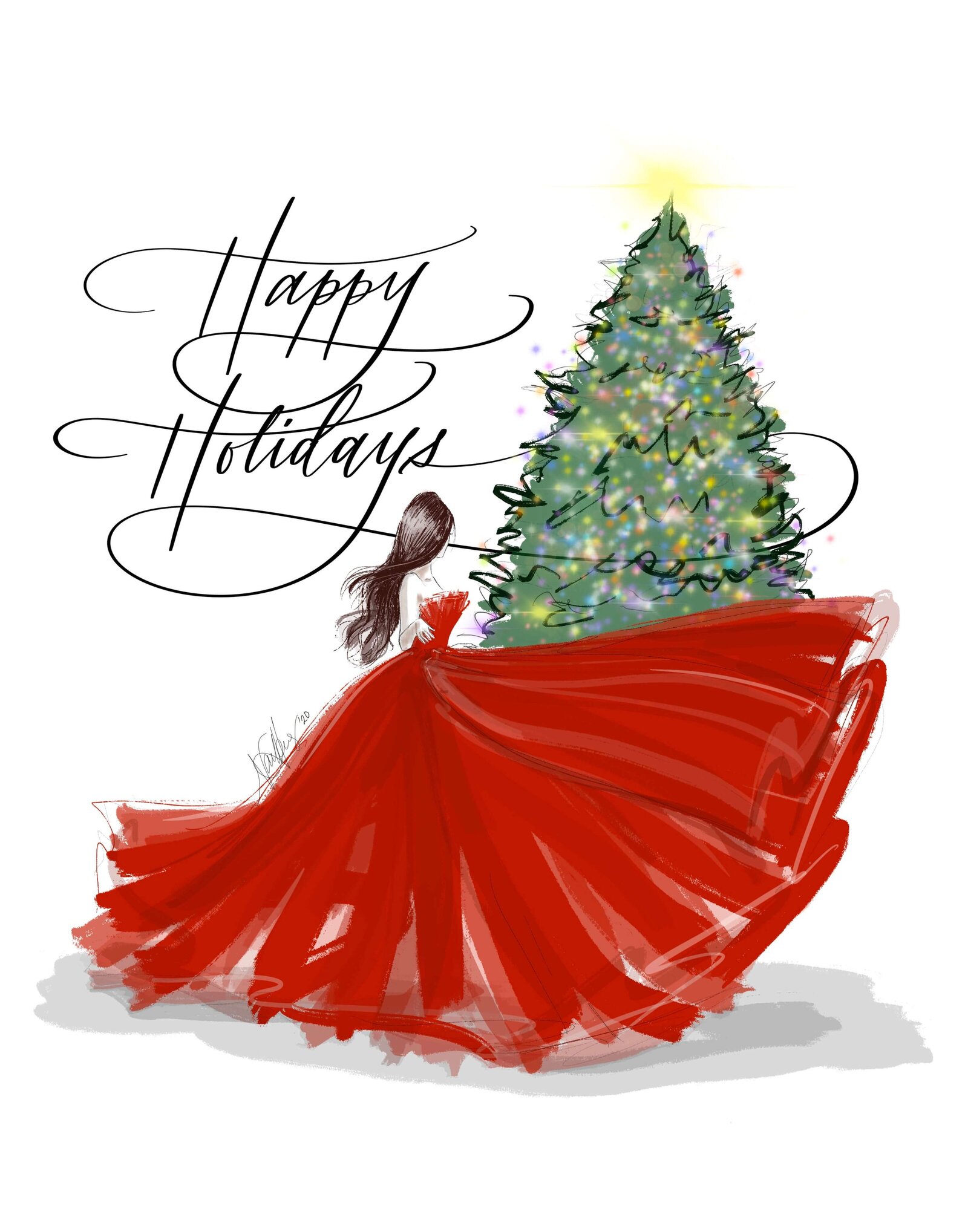 Fashion illustration of a girl in a red gown in front of a Christmas tree.