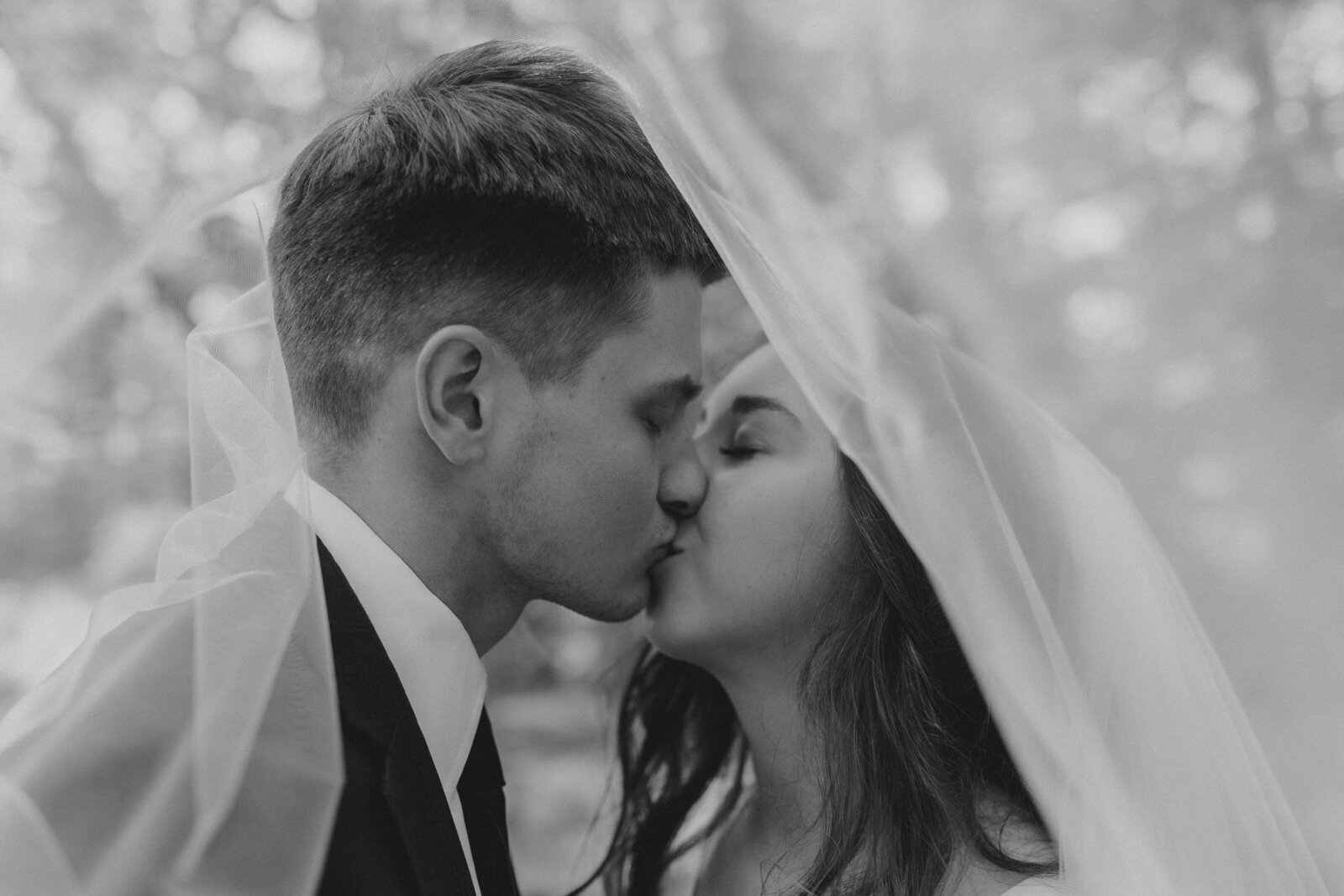 A bride and groom kiss underneath a long veil