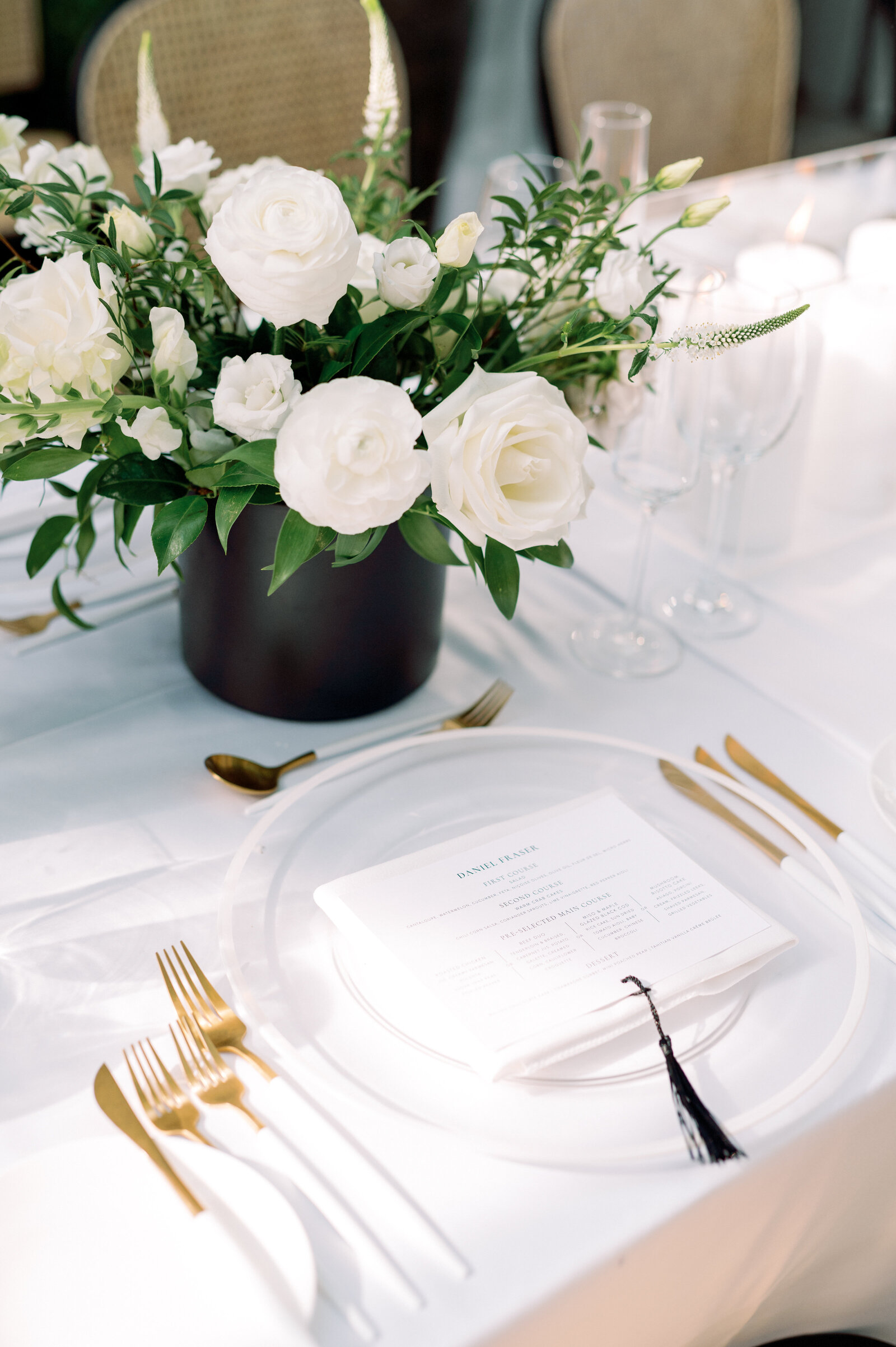 Modern Timeless Romantic Black and Gold White Roses Tablescape Reception Decor at Graydon Hall Manor Toronto Wedding | Jacqueline James Photography