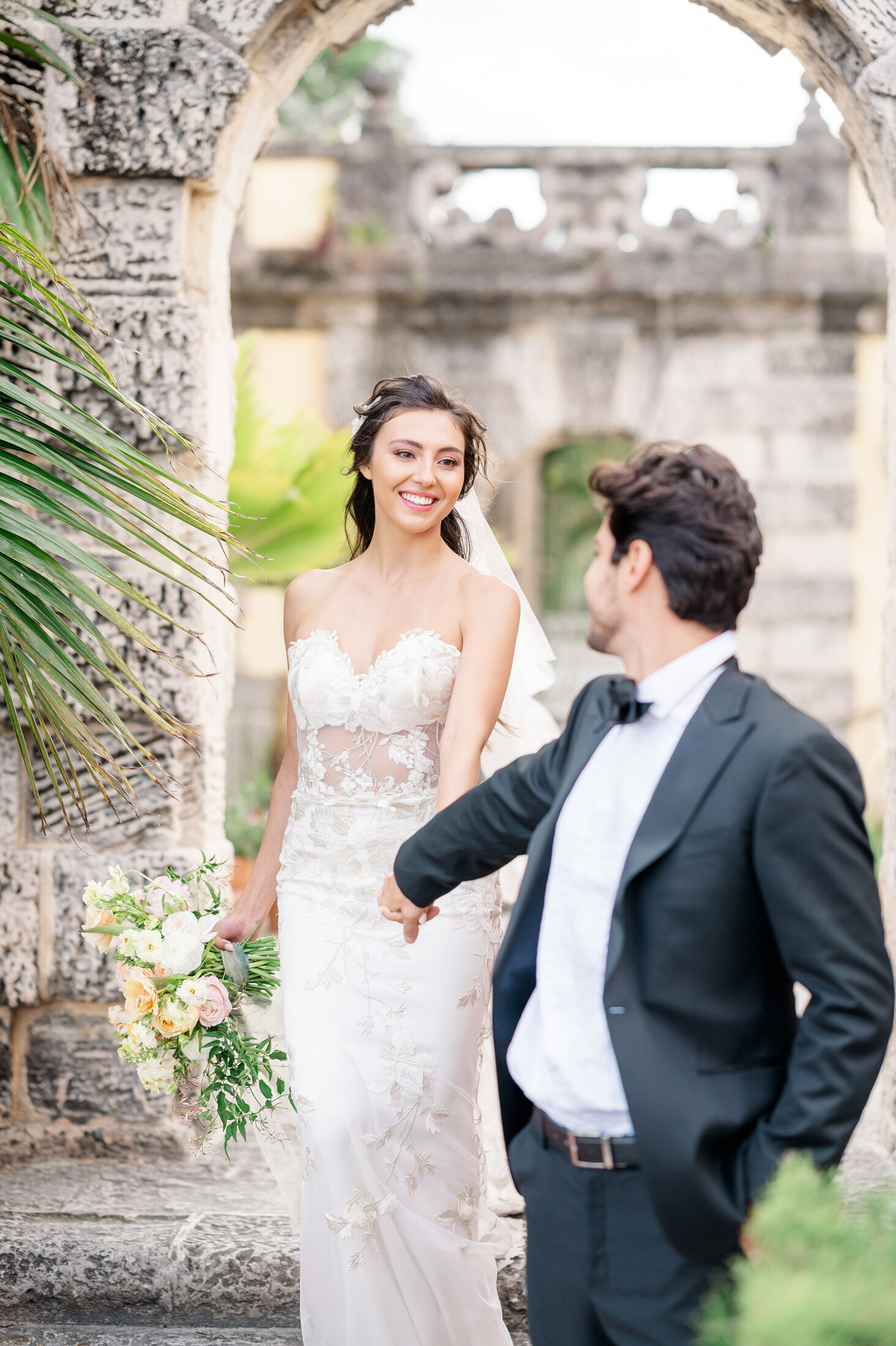 Bride and groom portrait at Vizcaya Villa in Miama, Florida