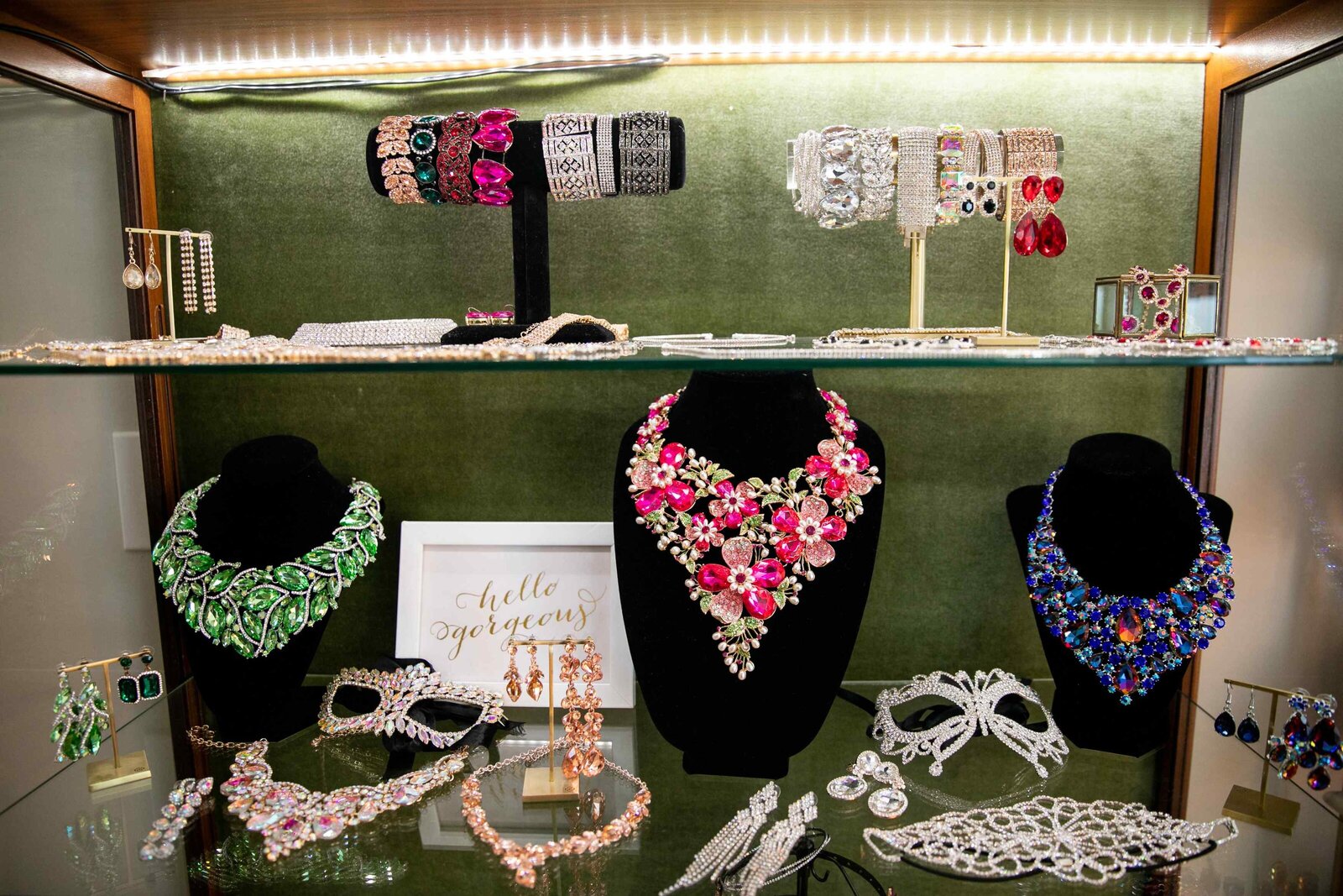 jewelry display case at Savannah Glamour Studio