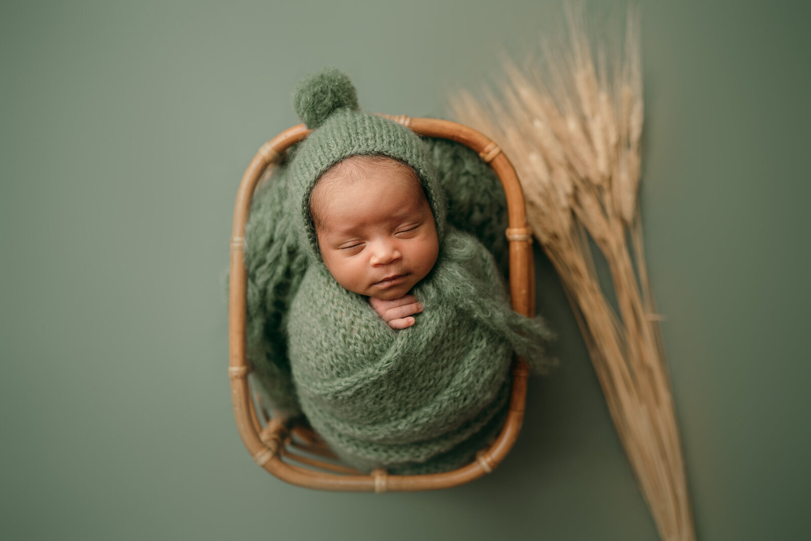 baby boy on green in Tampa newborn photography studio