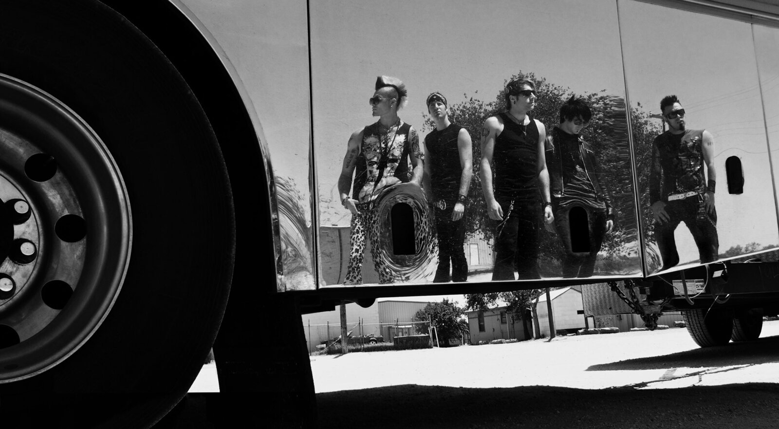Band portrait black and white My Darkest Days reflections of all five members in car door