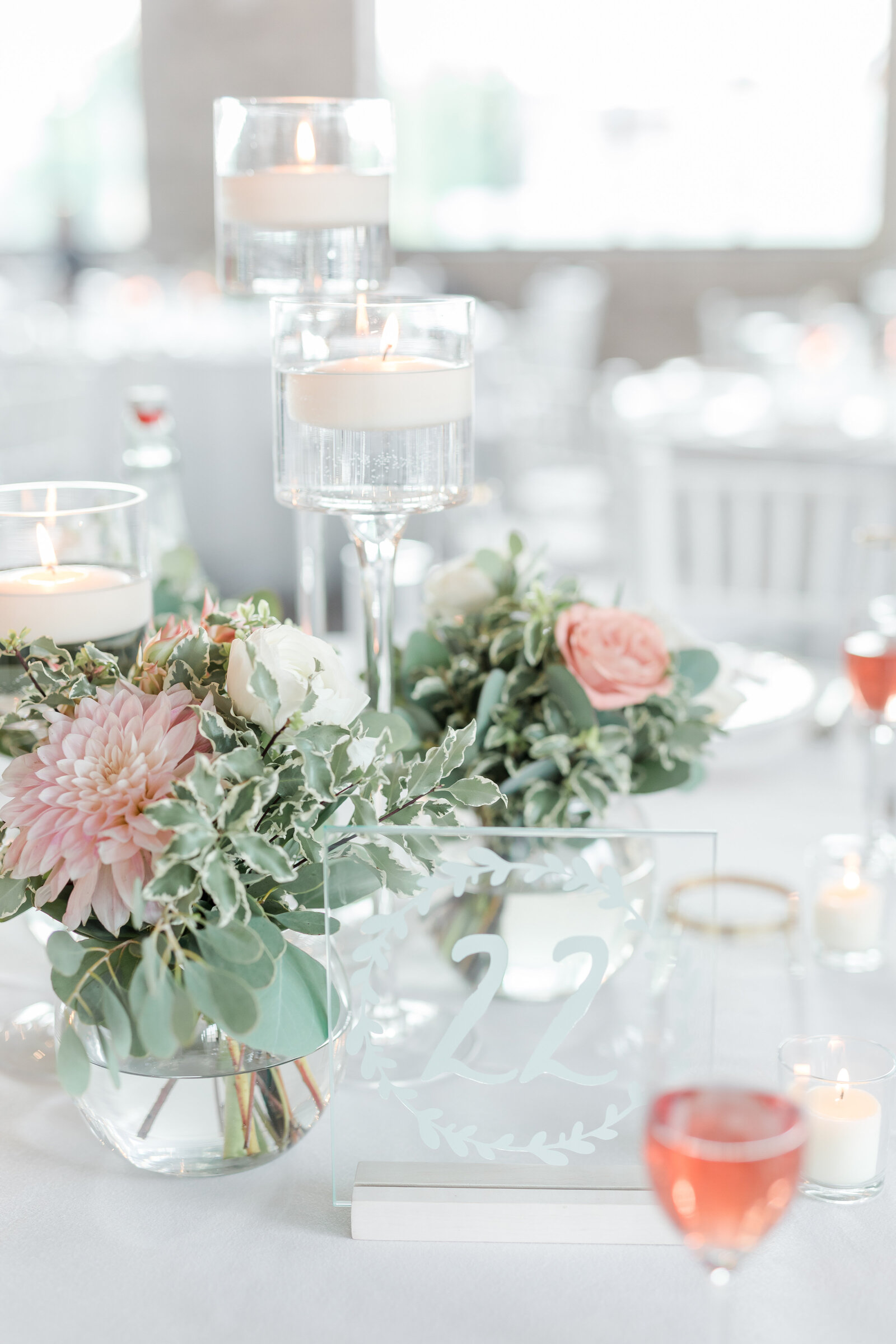 Tablescape with rose wind and pink flowers