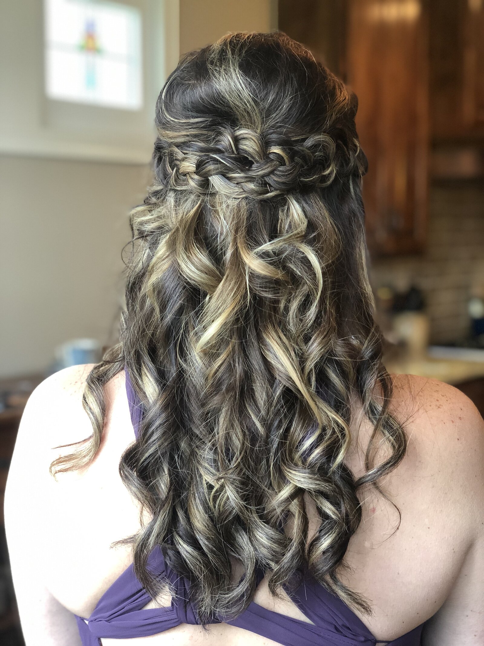 half up half down bridal hair in Kansas City curly down-do with braid