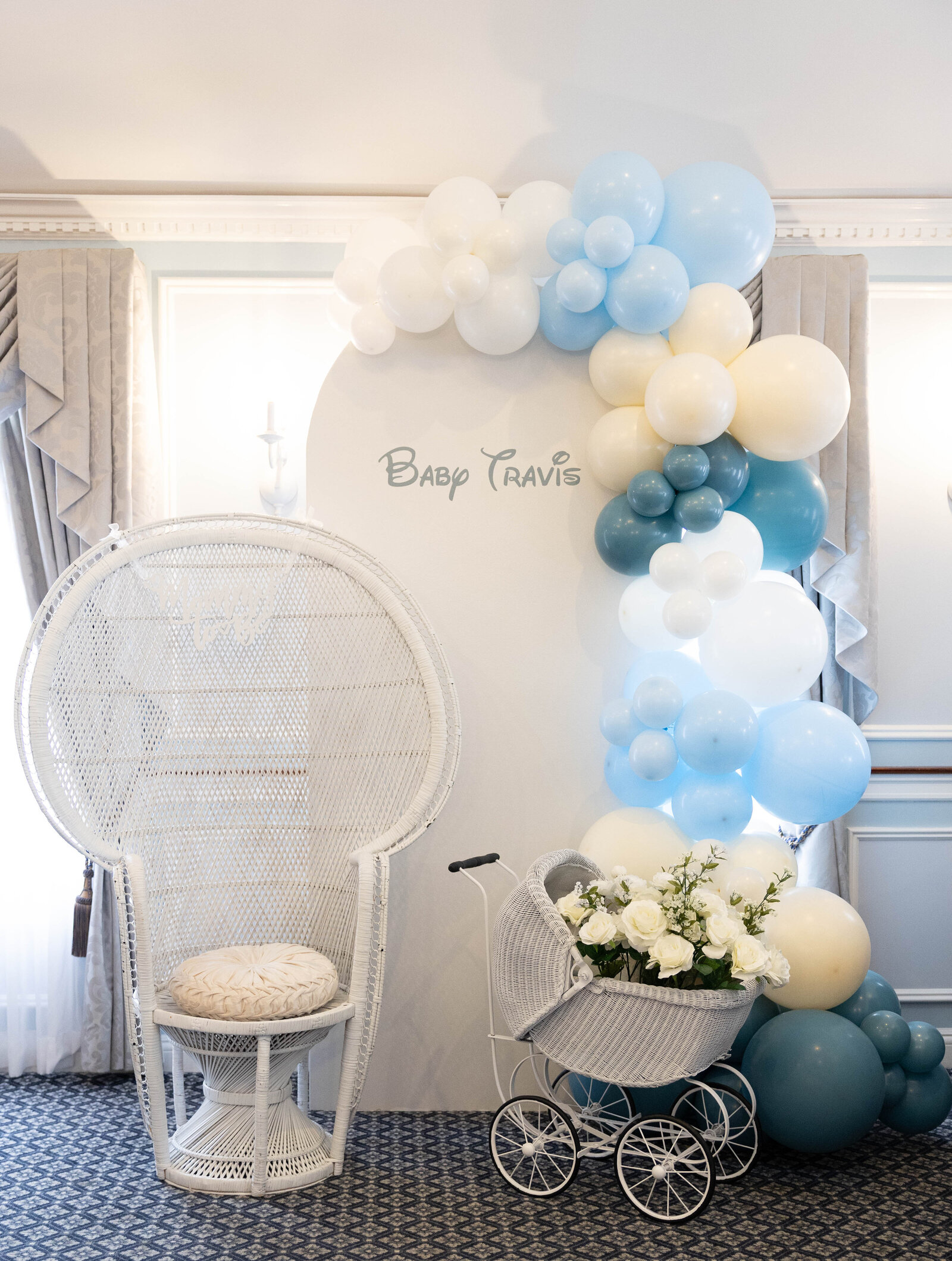 baby-travis-shower-blue-white-decor-photo-backdrop-floral-carriage-long-island