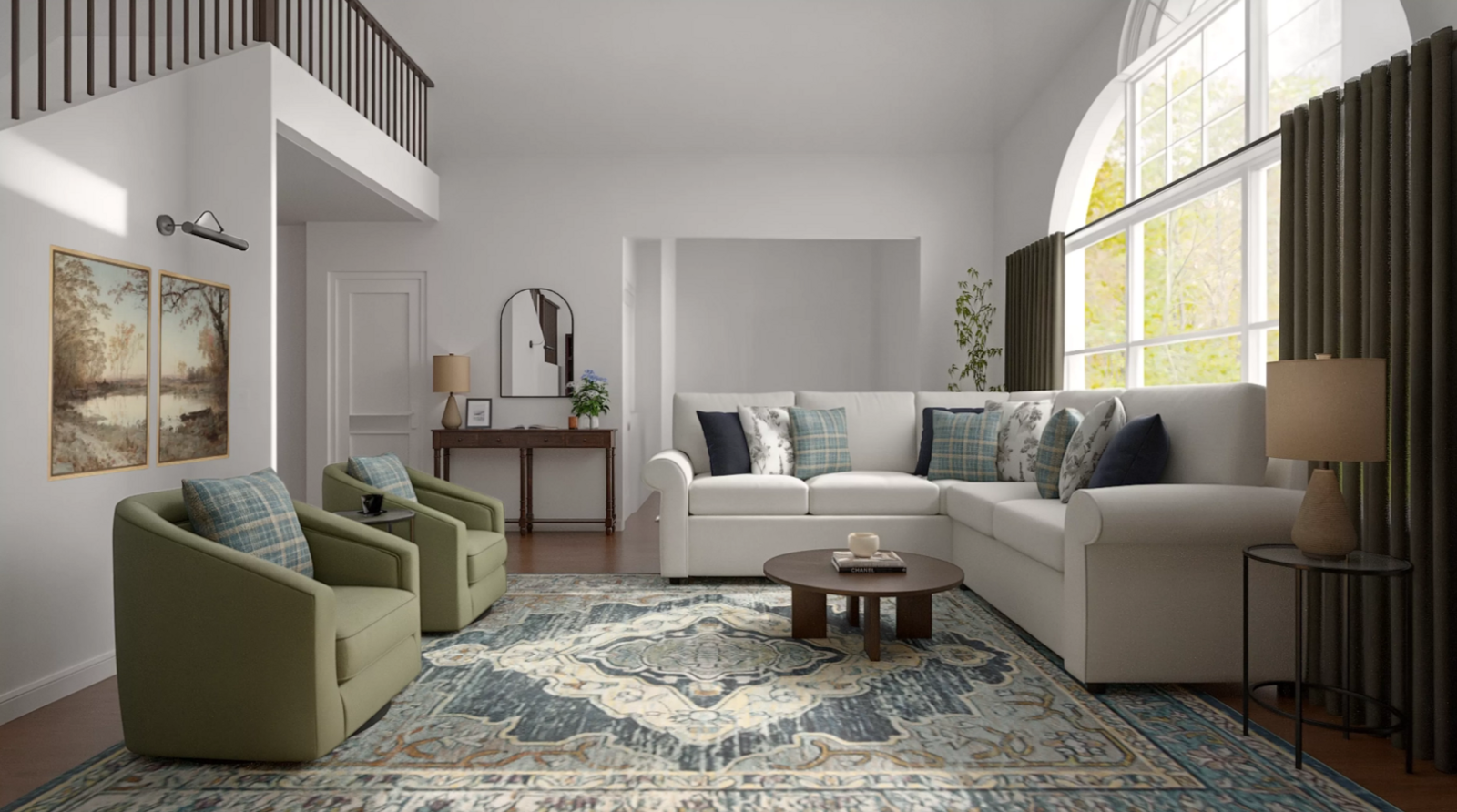 Room render of a living room with a blue and green color palette. 