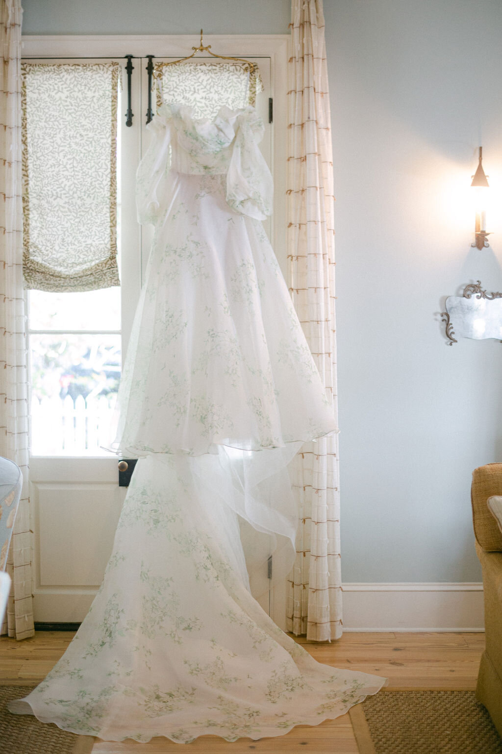 Bridal gown with floral patterns for a beach wedding in Florida