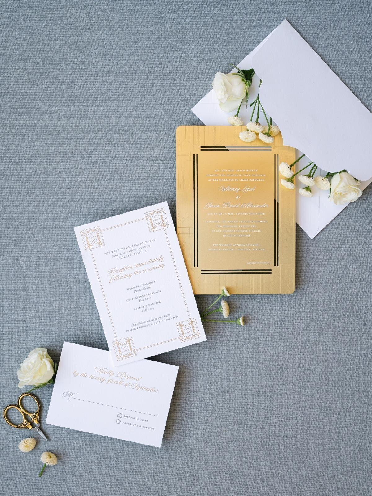 Gold metal custom wedding stationery for AZ Biltmore wedding in Phoenix