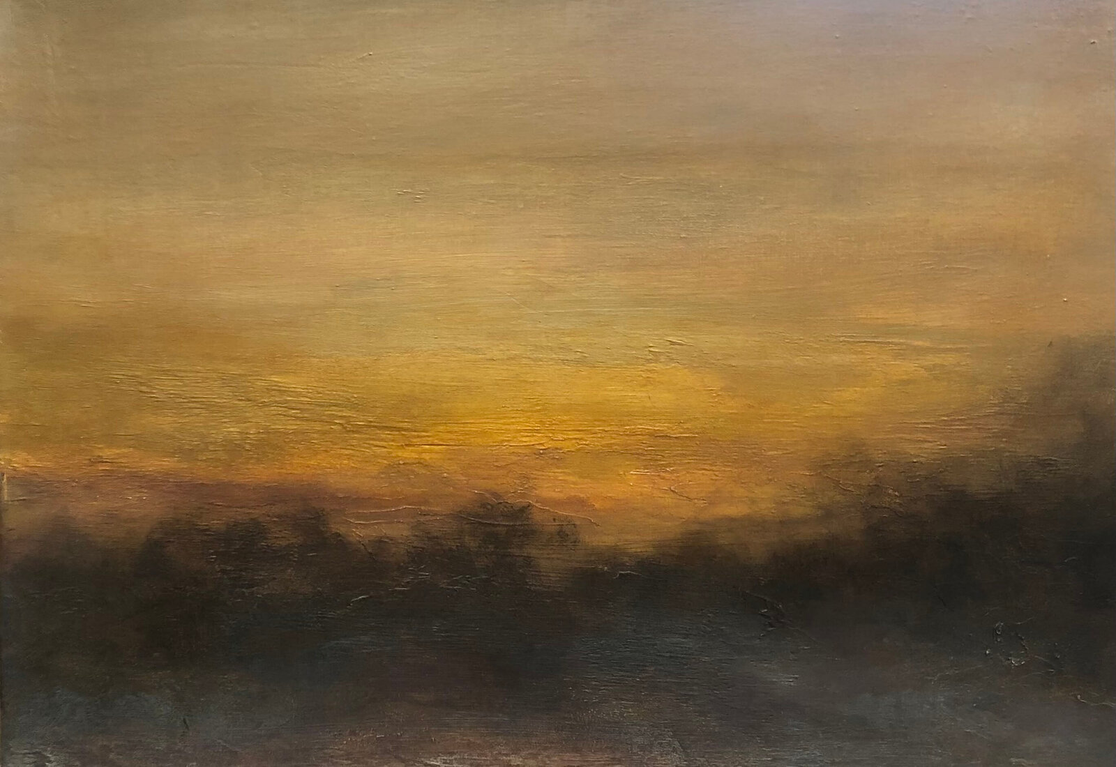 Oil painting by Jane Mishkind of a tree line in the sunset