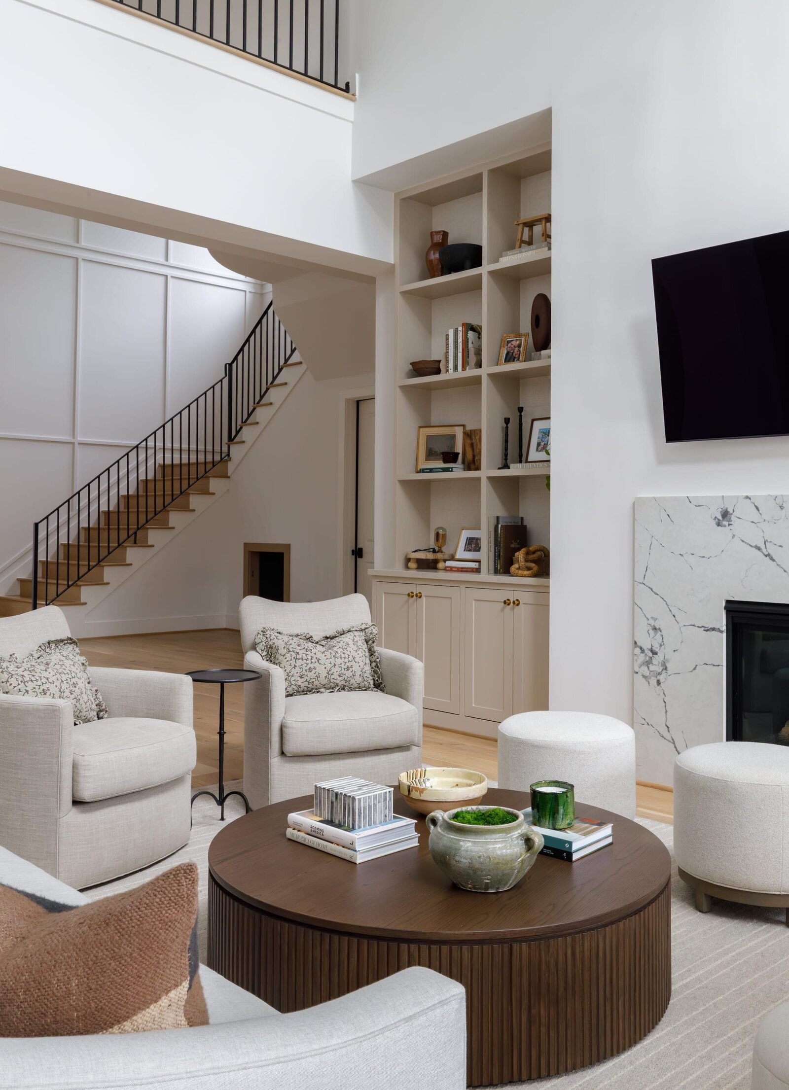 vision and hammer organizing and interior design living room with marble fireplace