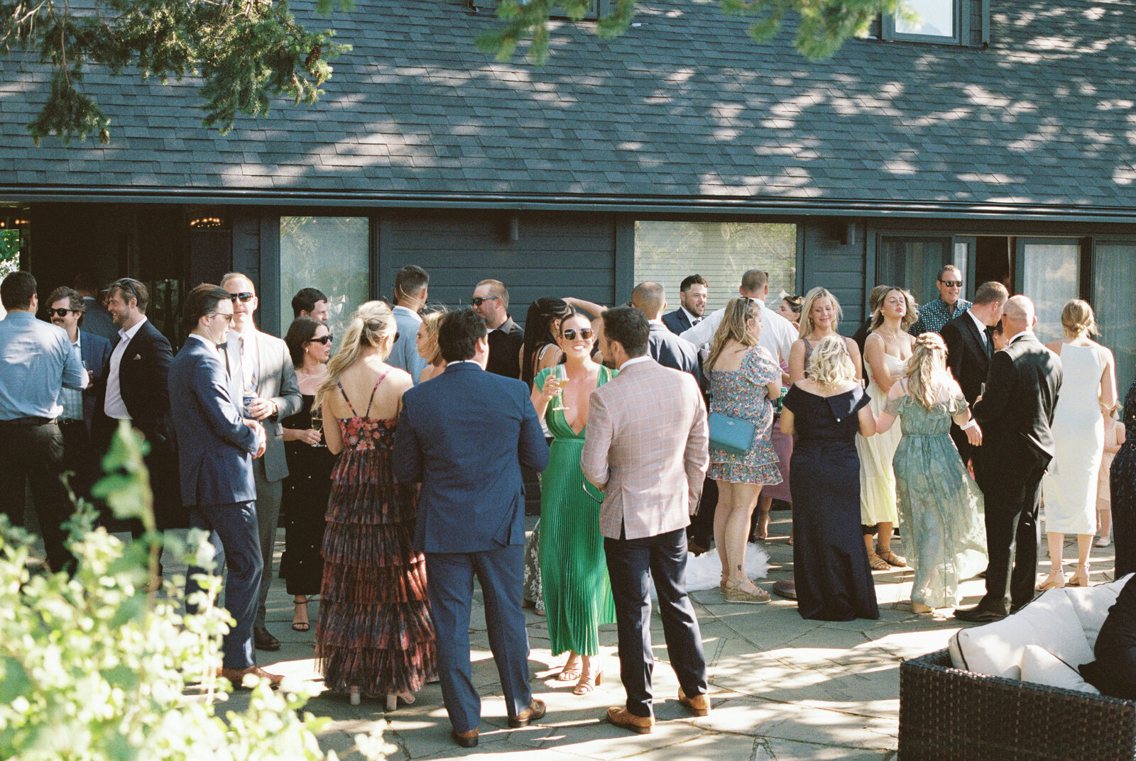 film photo of guests mingling during cocktail hour in the Columbia River Gorge
