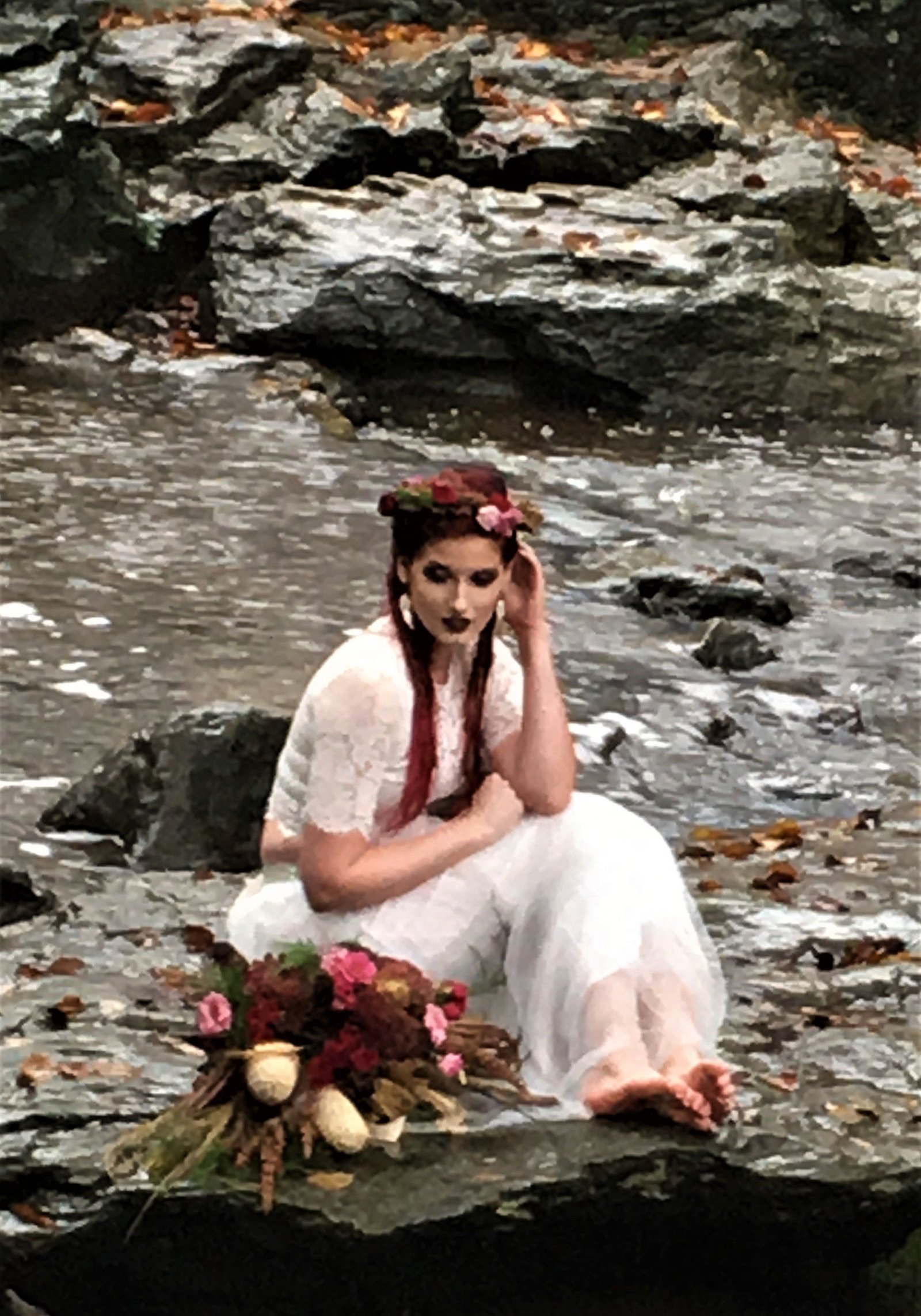 Bohemian bride beside stream at Cunningham Falls Paek