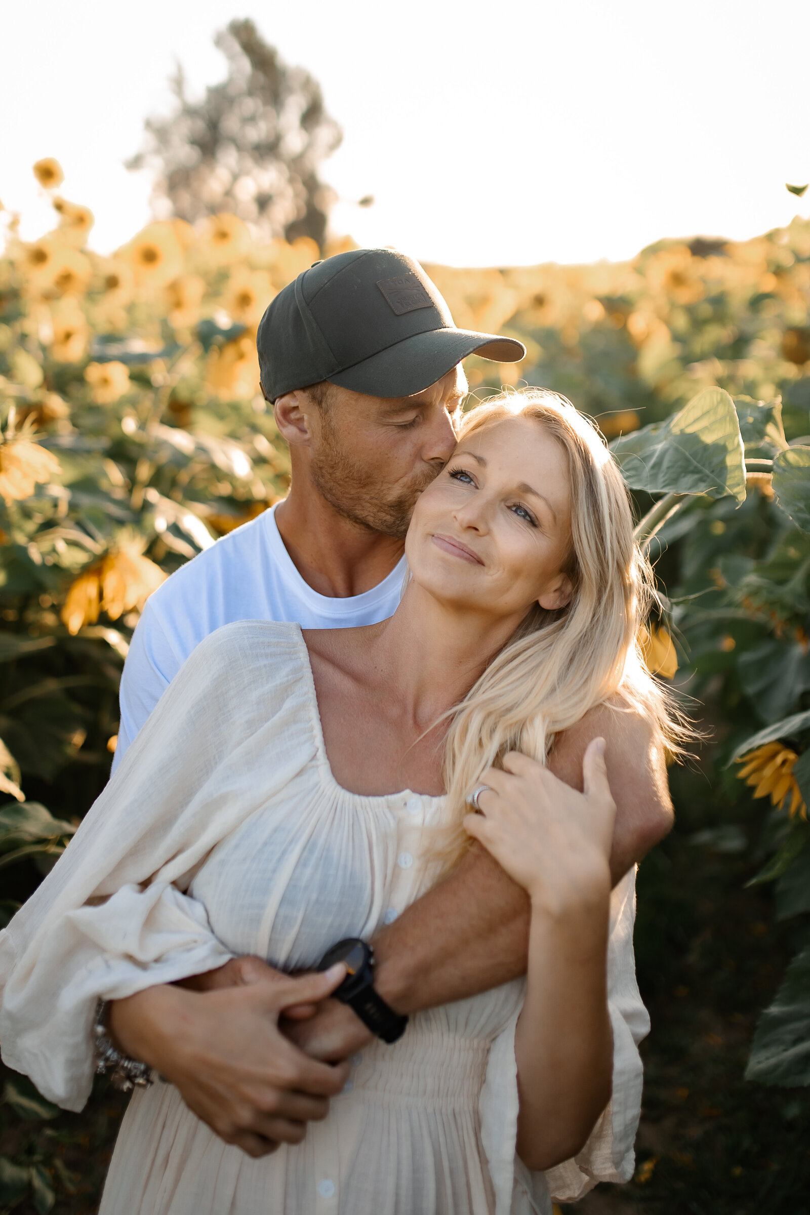 Couple embracing in a vibrant sunflower field at golden hour in Taradale, Hawke’s Bay – romantic outdoor photography ideal for maternity, family, and couple sessions in Napier and surrounding areas.