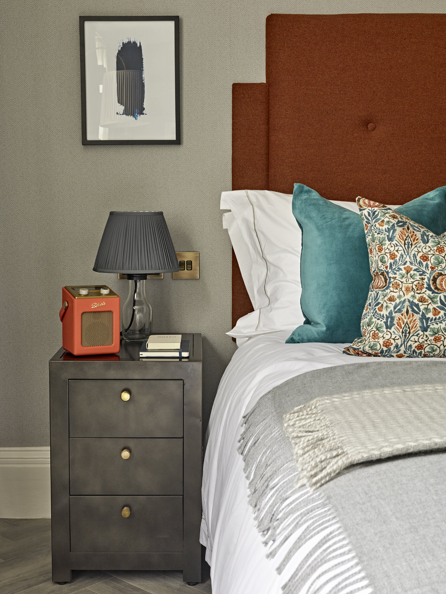 grey, teal, and rust orange bedroom styling
