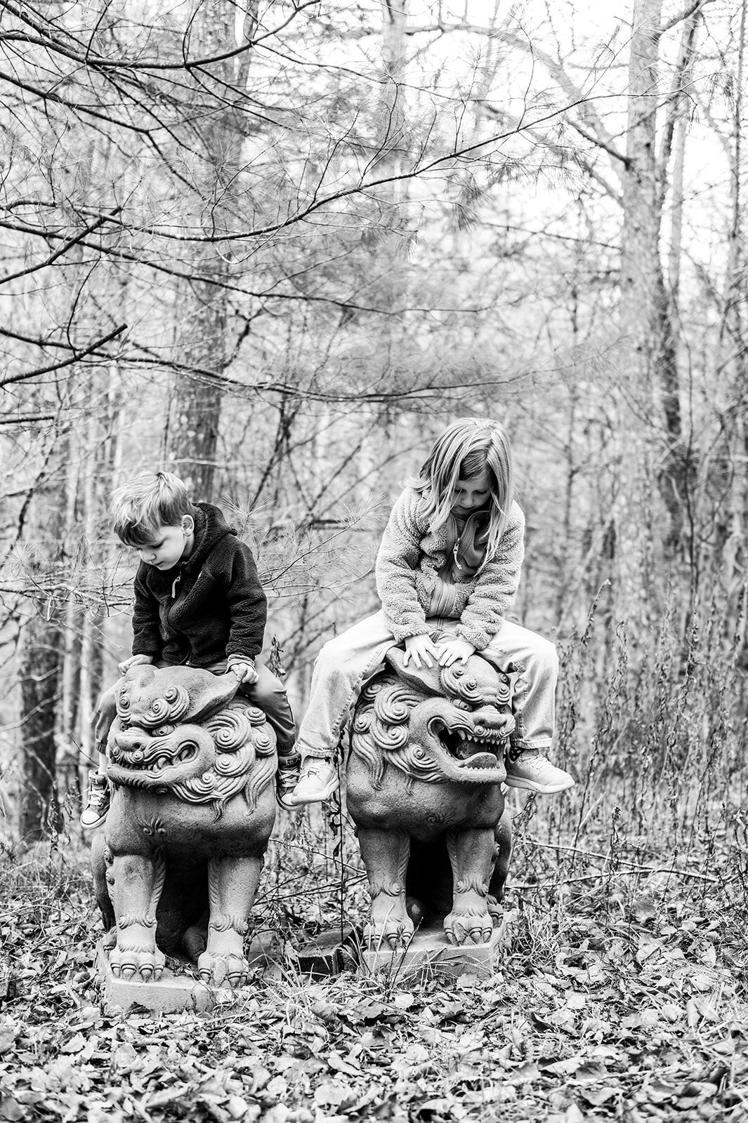 A natural light photo falls village captured in a documentary-style family photography session.