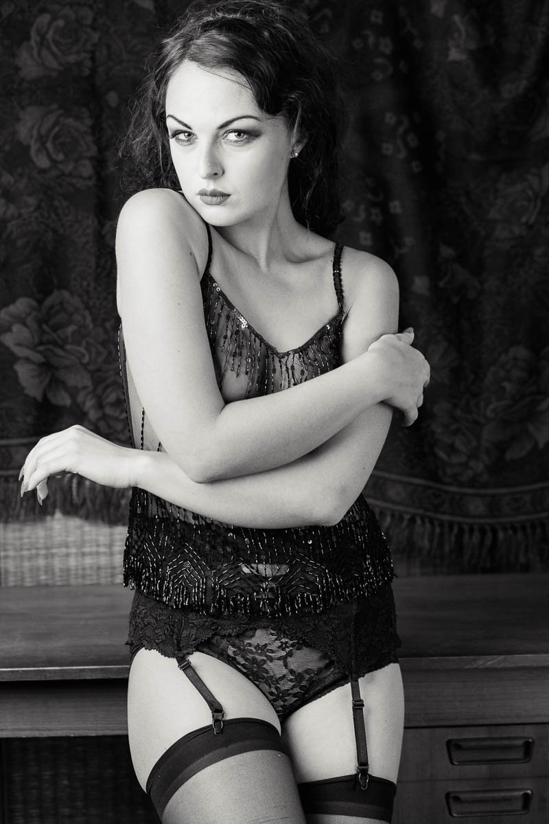 Ms A wears a 1920s style sheer lingerie-outfit, Boudoir Photography, Charleston, SC