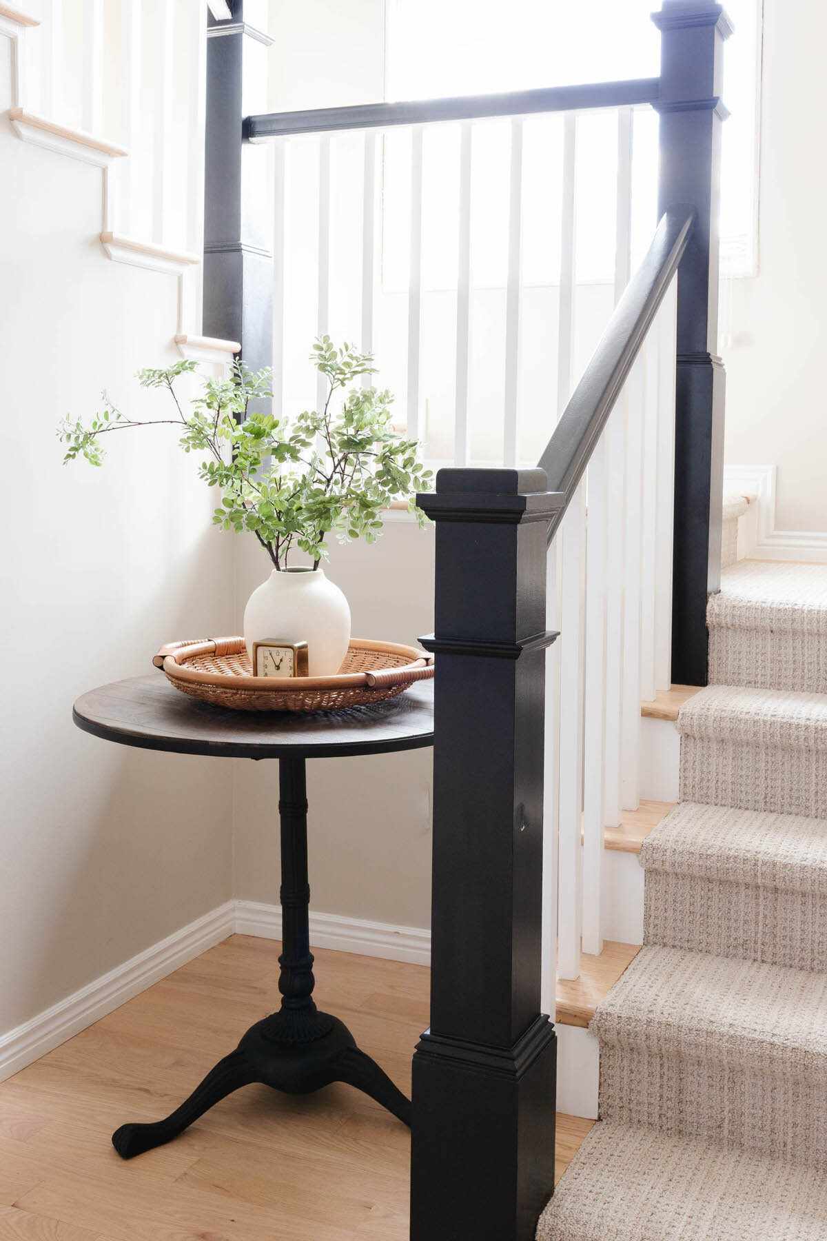 Modern Farmhouse Charming Cottage Warm White and Black Staircase Stairway Entryway by Peggy Haddad Interiors40