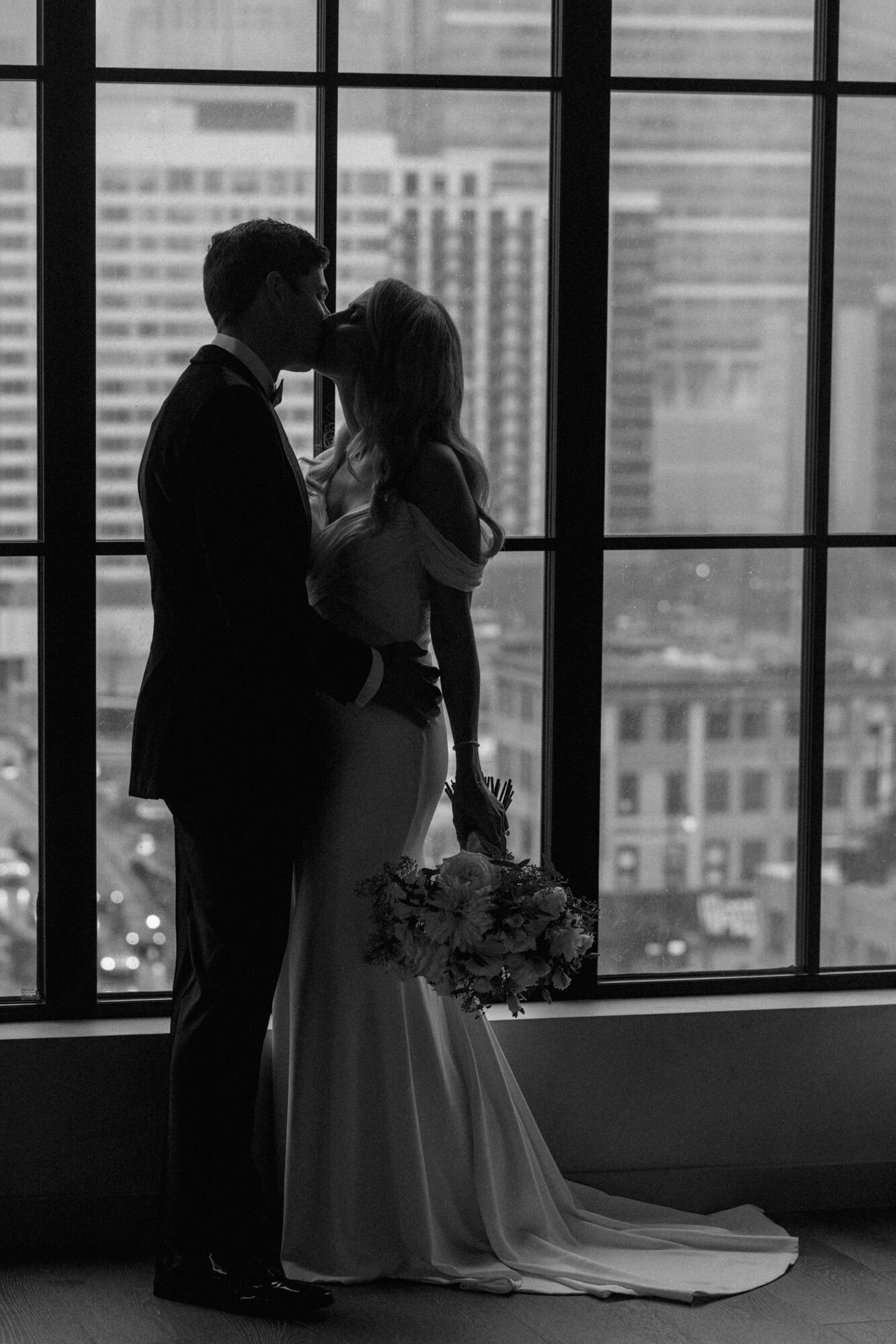 A bride and groom portrait taken at the Nobu Hotel in the West Loop of Chicago