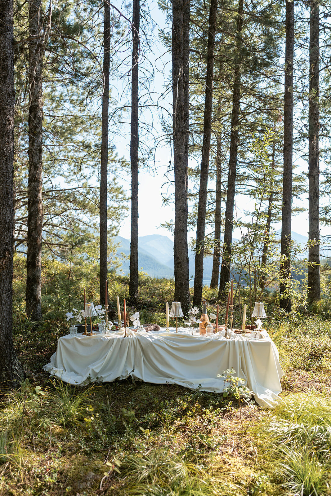 Refined elopement table design draped in cream fabric, set among pine trees with mountain views and natural light.