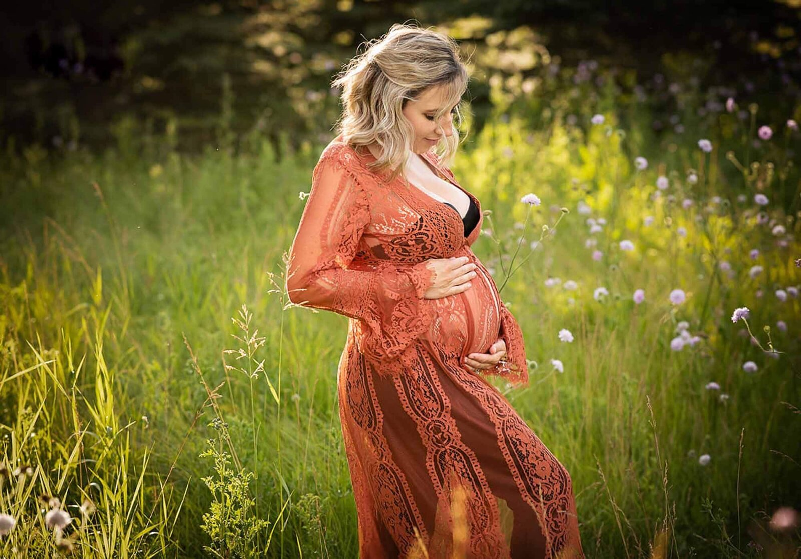 expectant mother wearing copper kimono