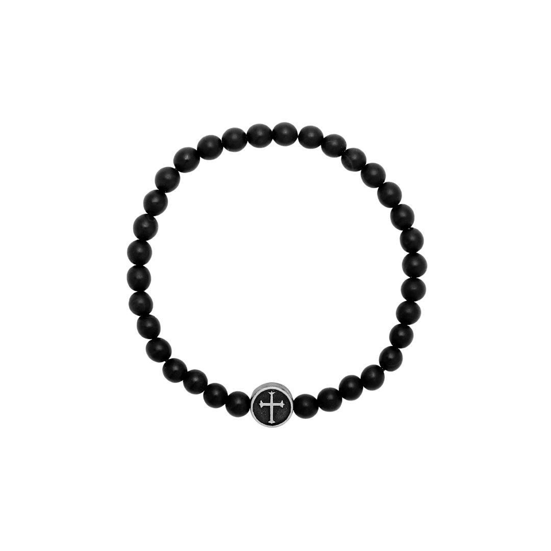 Men's Black Agate Bead Bracelet with Cross (1)