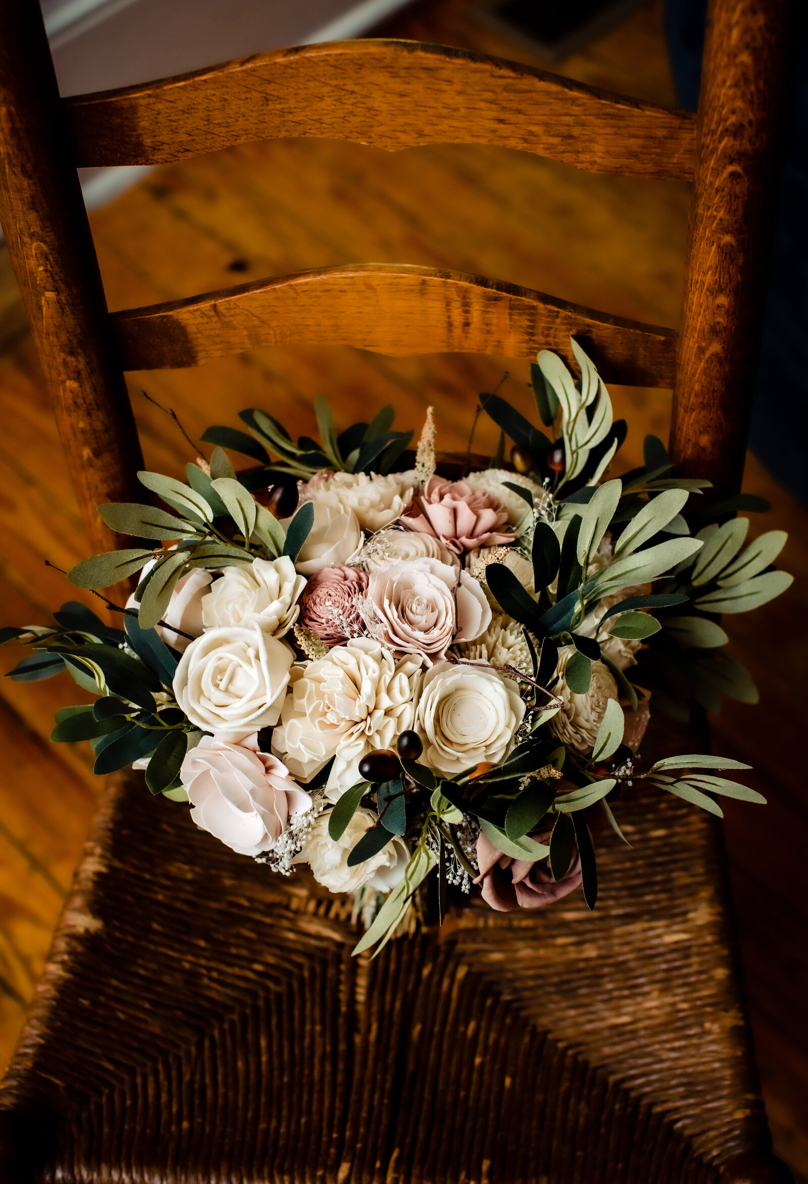 bridal bouquet on chair