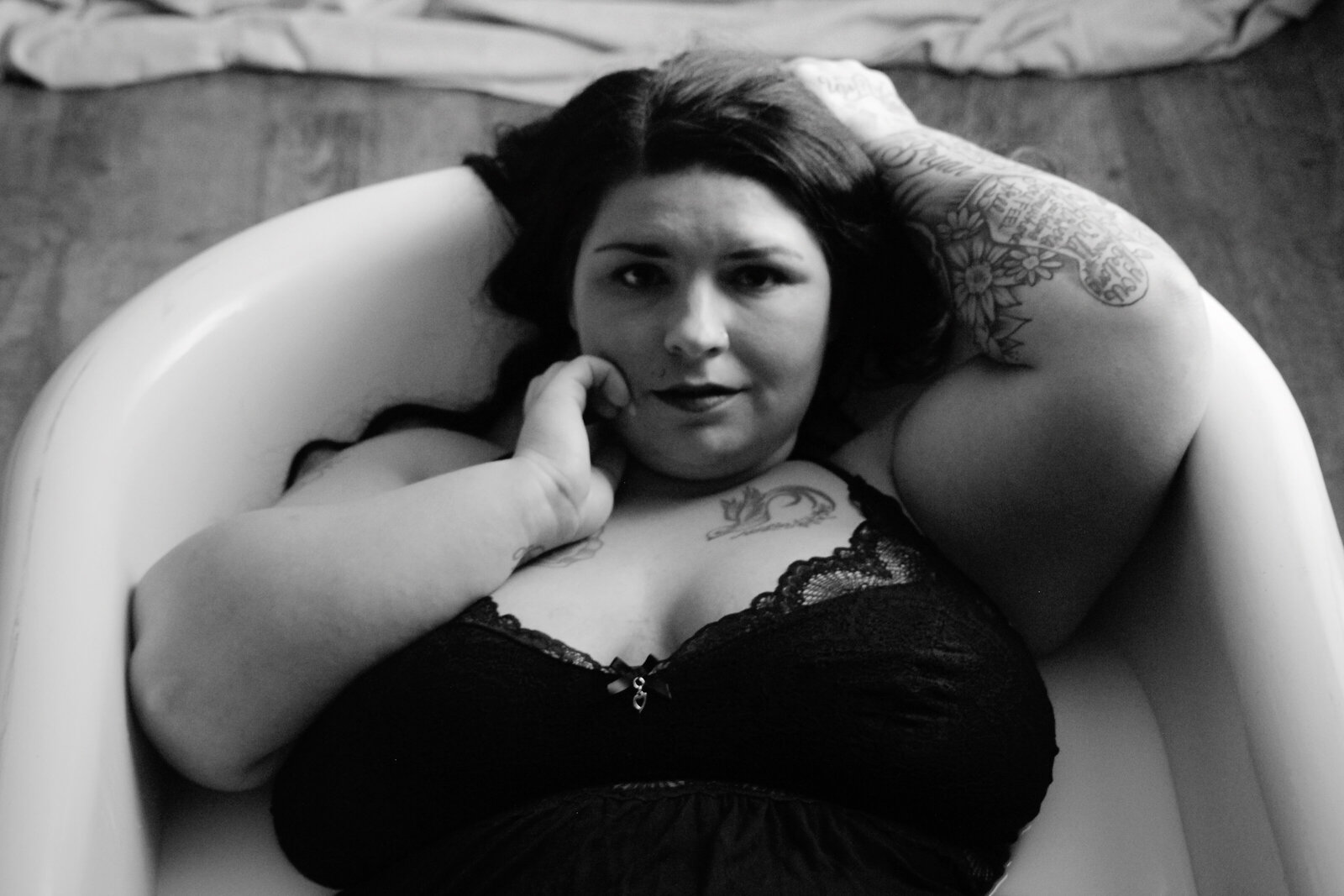 Tattoo, young mother, milk bath, lingerie
