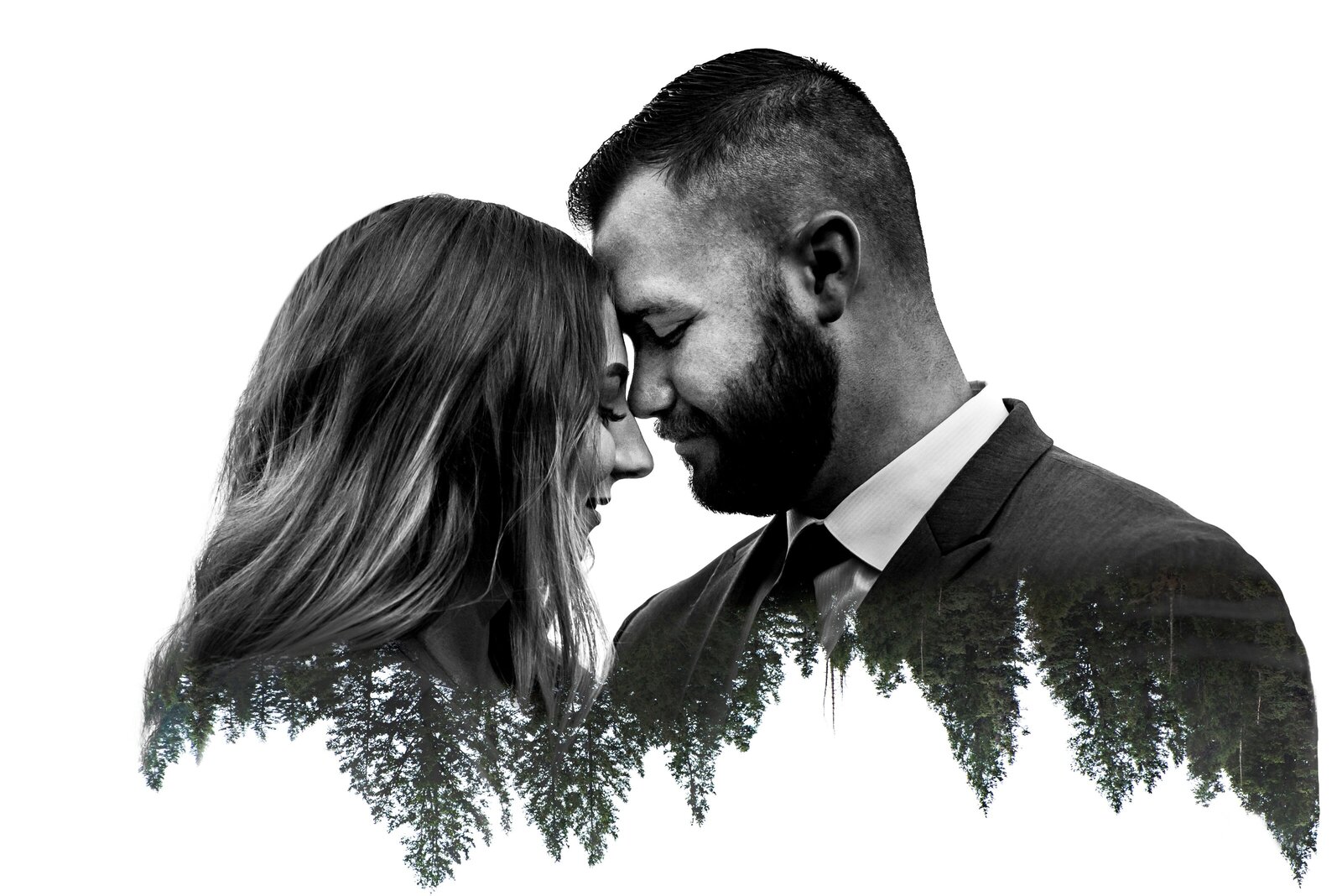 Double exposure of couple with pine trees.
