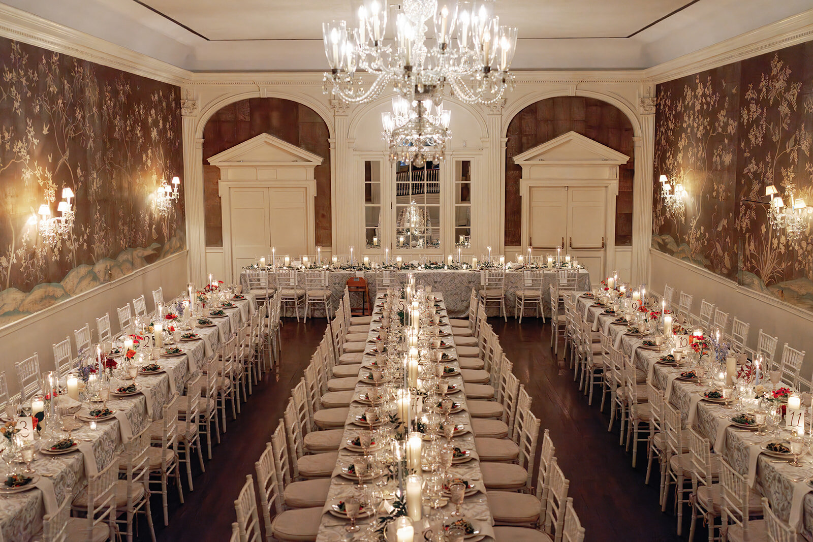 banquet tables in a lavish ballroom for wedding reception