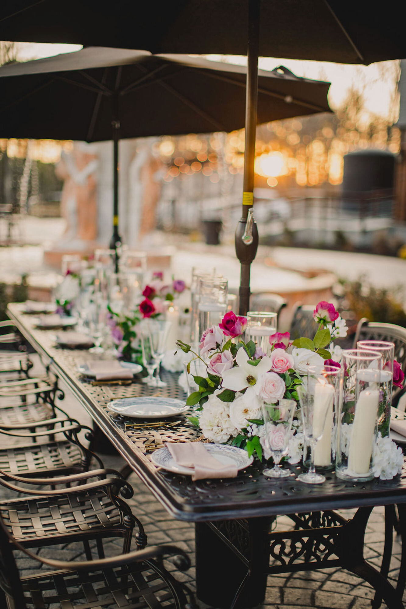 Reception table with bright flowers at North Carolina destination wedding