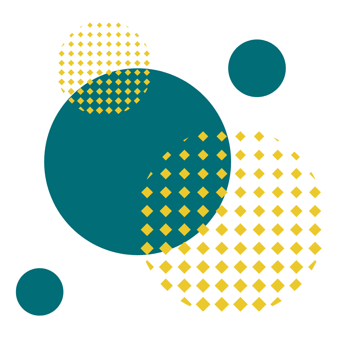Teal circle shapes and yellow squares in a circular design