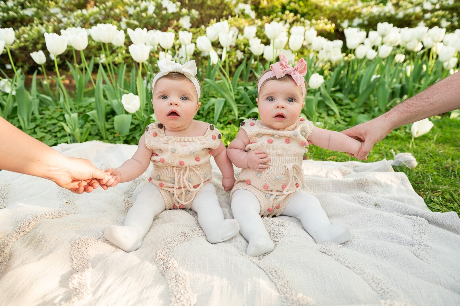 Twin 6 month old sisters during a family photography session at Sherwood Gardens