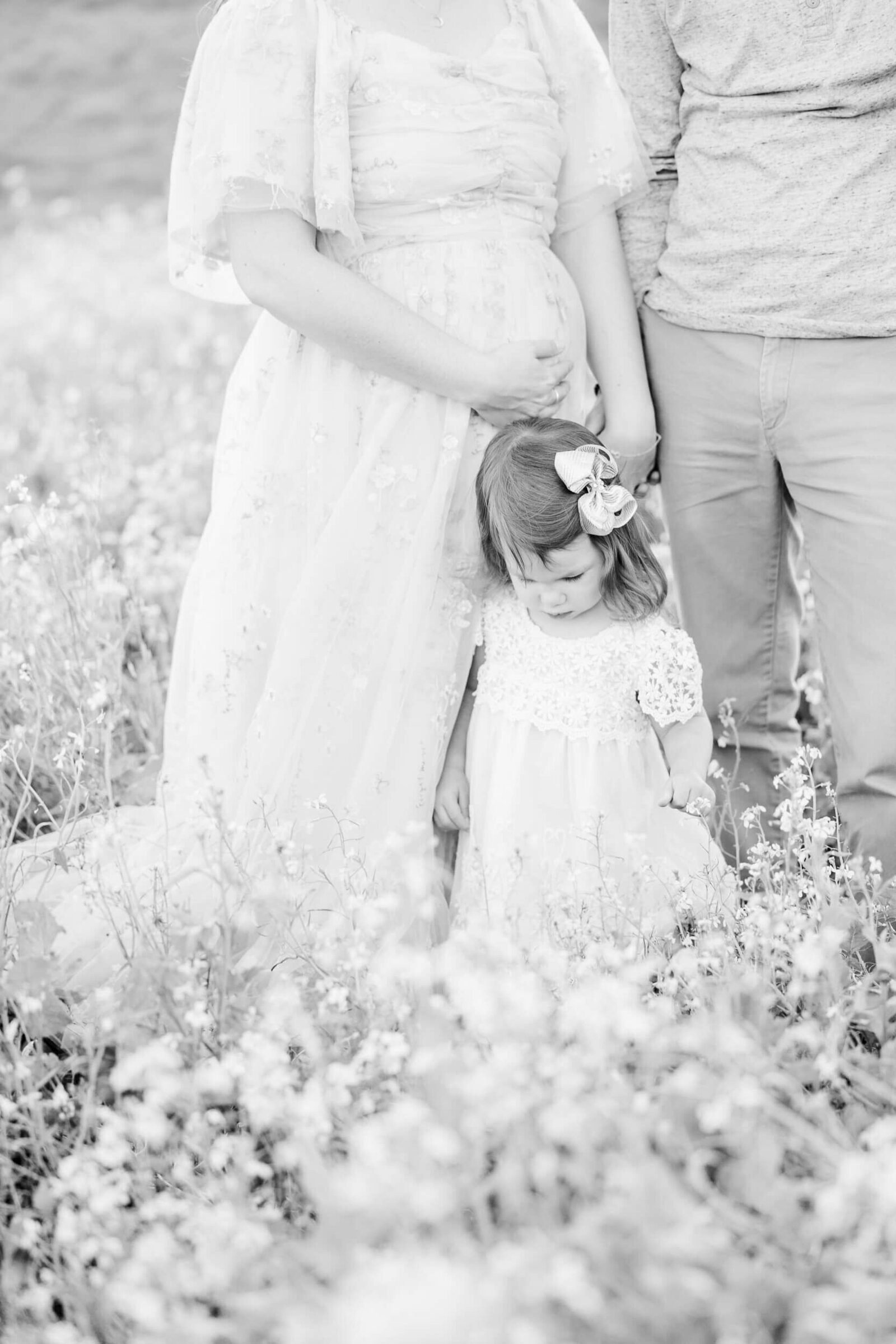 black and white, little girl observes the flowers around her with her pregnany mom and dad in the background