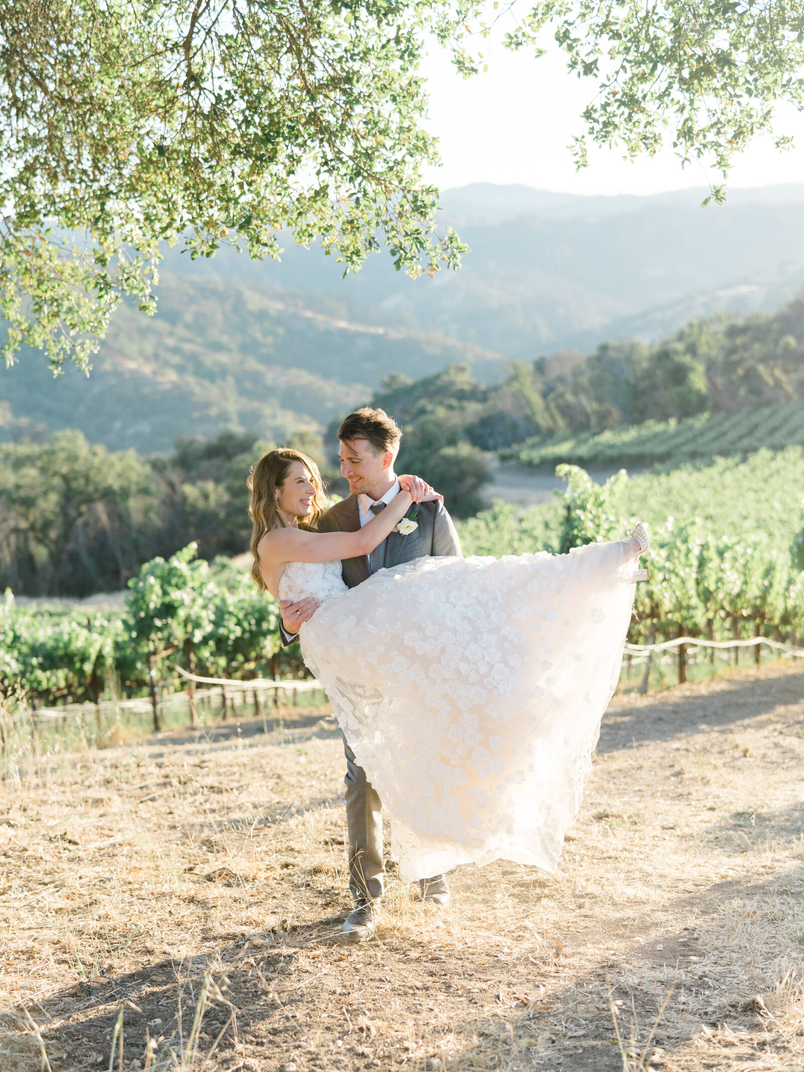 groom picking up the bride and walking with her in his arms through a vineyard