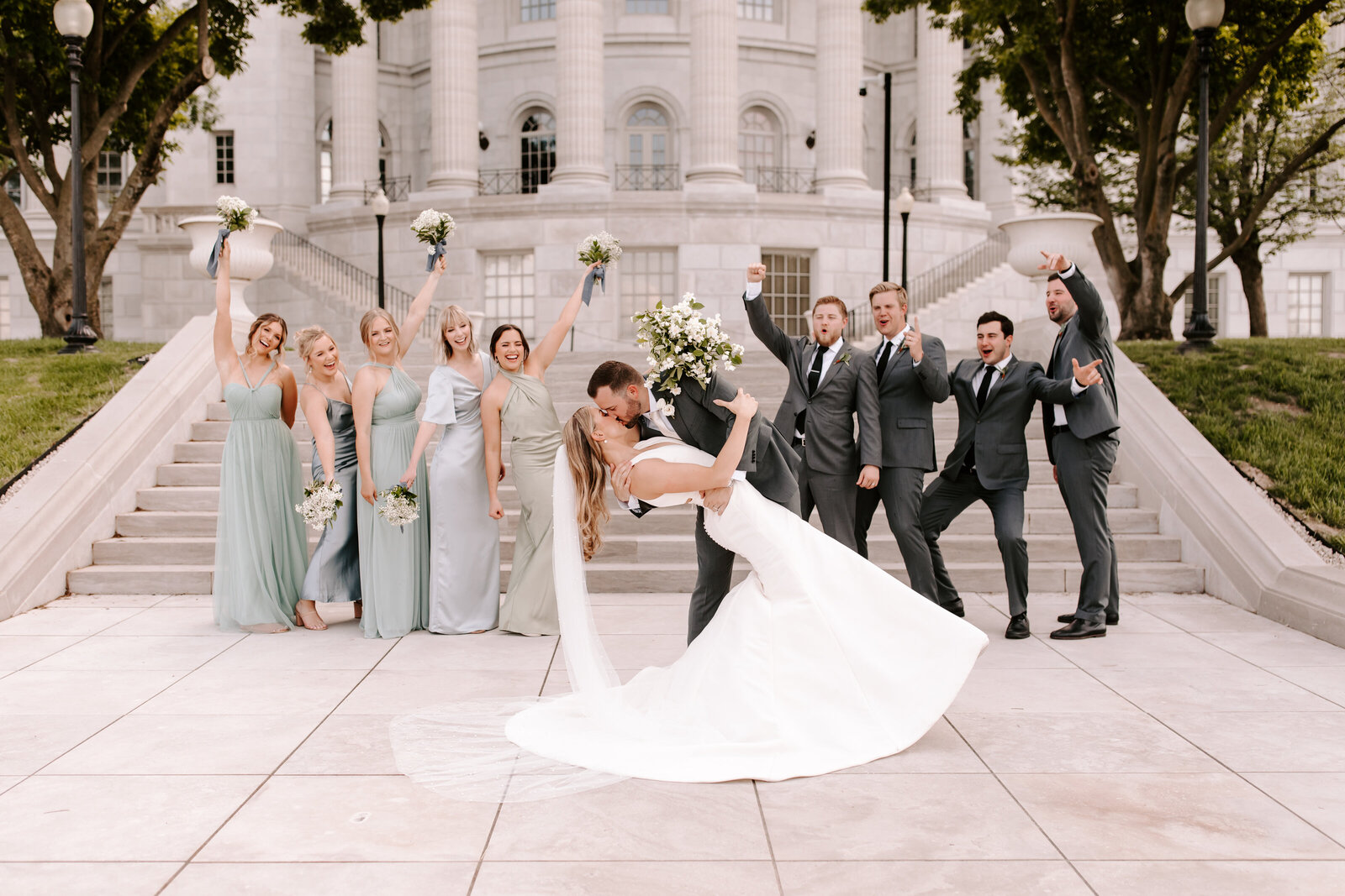 photo of bridal party laughing