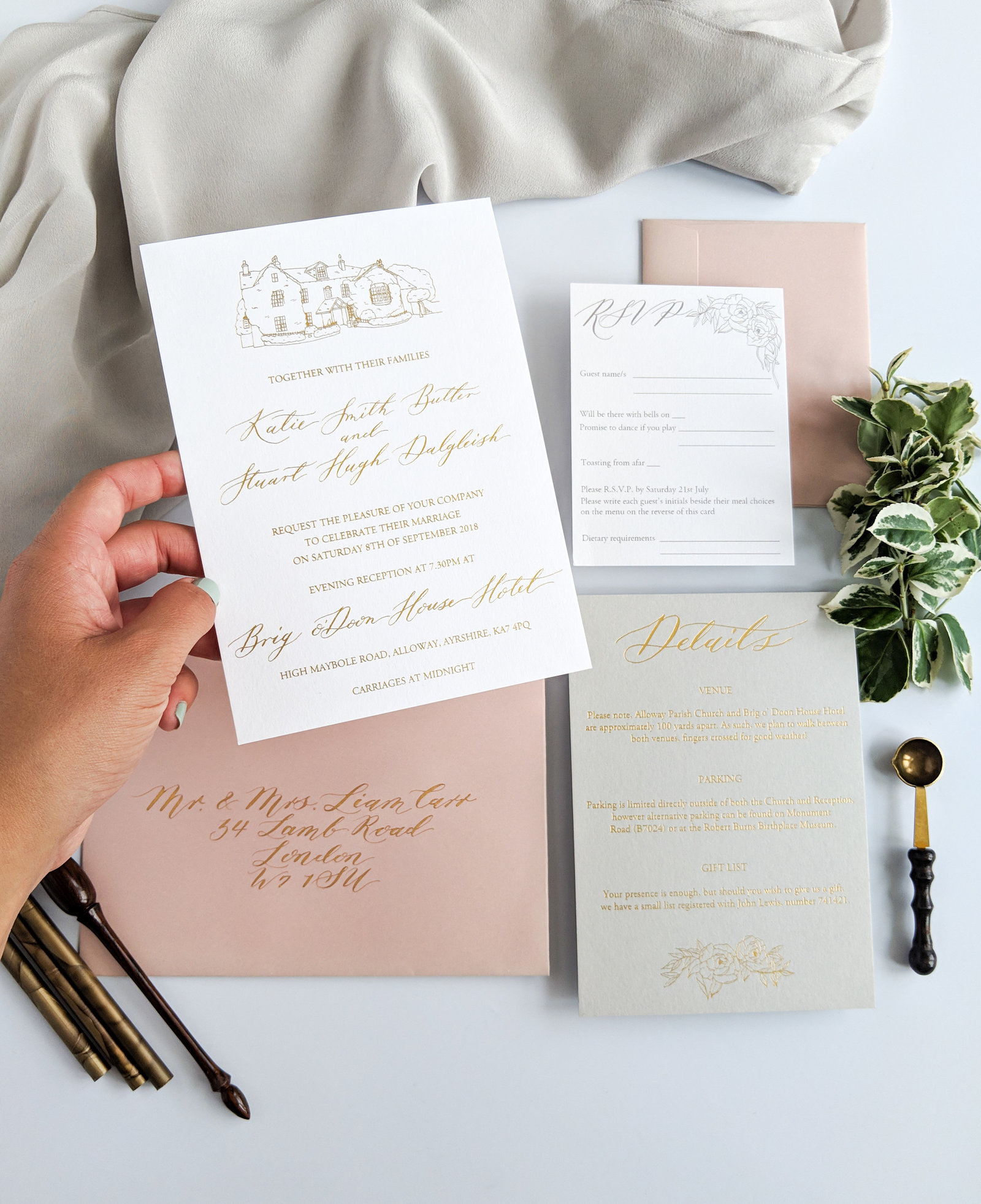 Scottish wedding invitations with gold, grey and blush