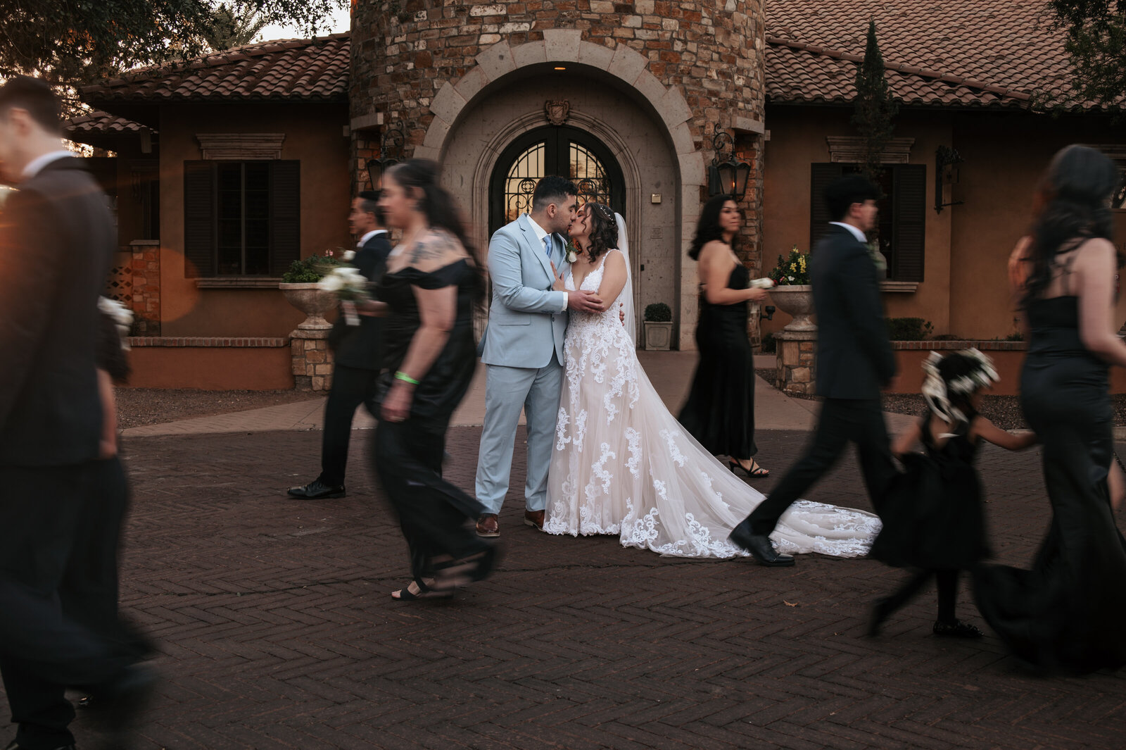 Bride and groom share loving moment during their outdoor wedding in Phoenix, Arizona. 