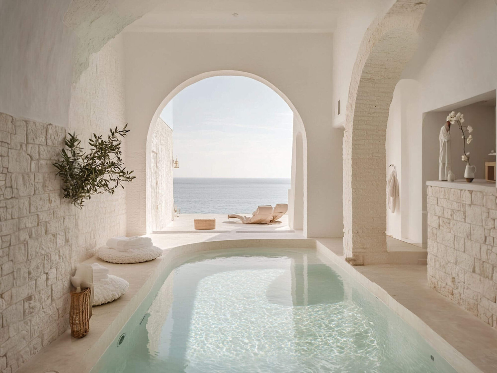 Concrete logo atop serene indoor pool setting for concrete design