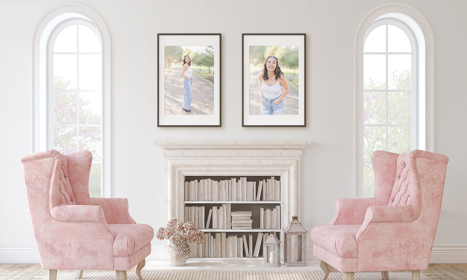 living room with pink couches and bookshelf with framed senior photos from Northern Virginia