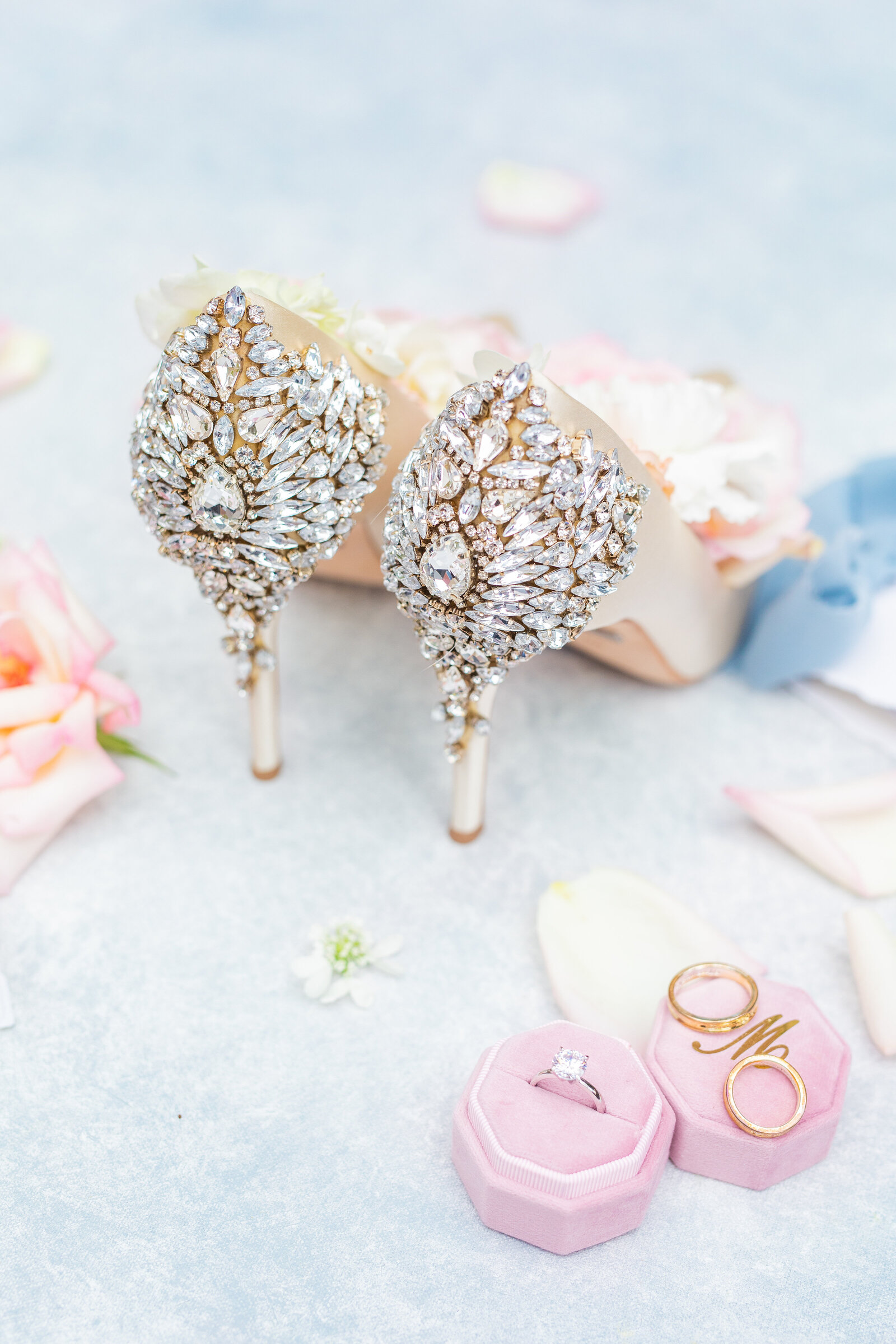 Luxury crystal shoes for the bride in Laguna Beach.