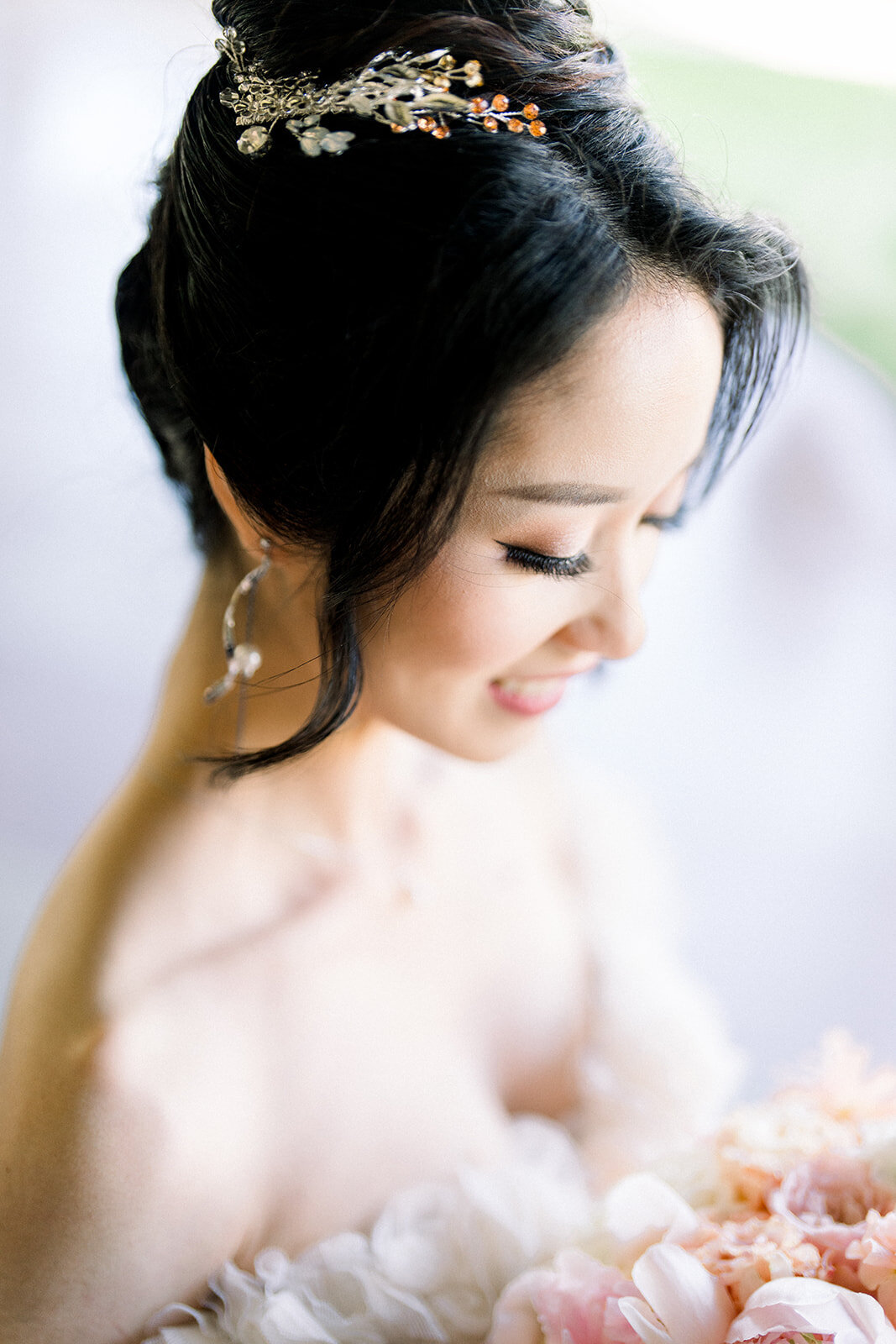 A close-up of the radiant bride at Filoli Estate, highlighting her beautiful features and intricate bridal details.
