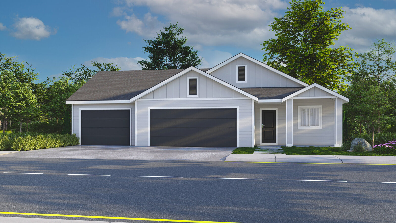 new house gray with white trim and dark brown garage doors