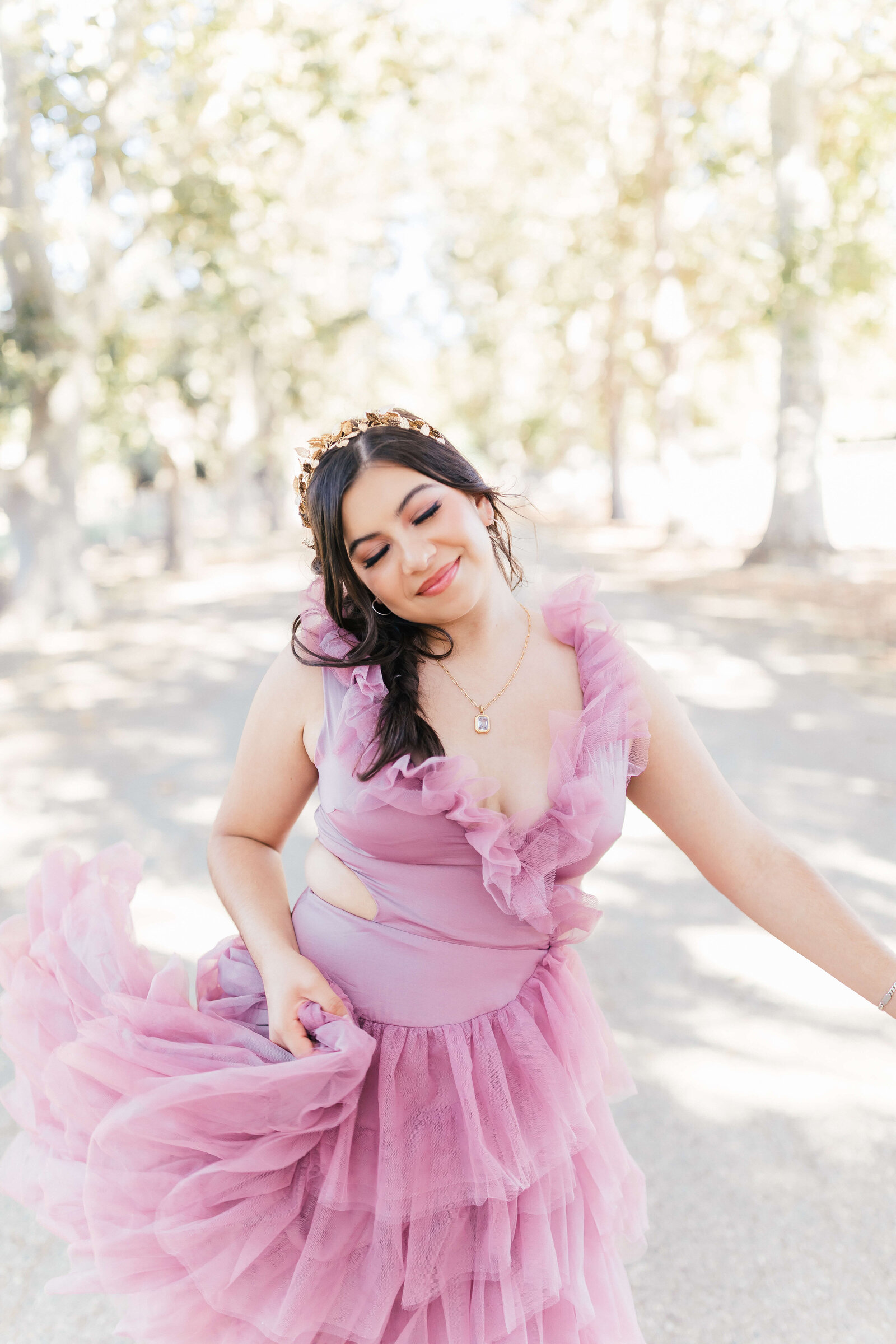 High school girl wearing whimsical flowy dress senior photo session