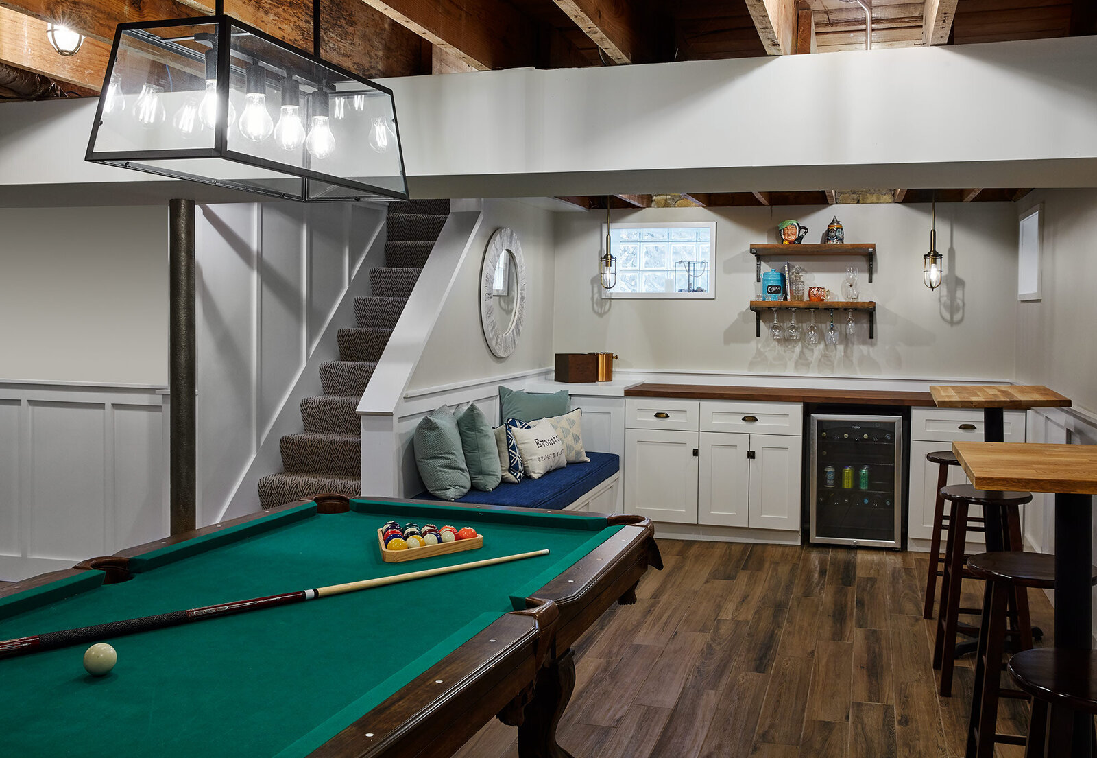 Modern basement design with a pool table