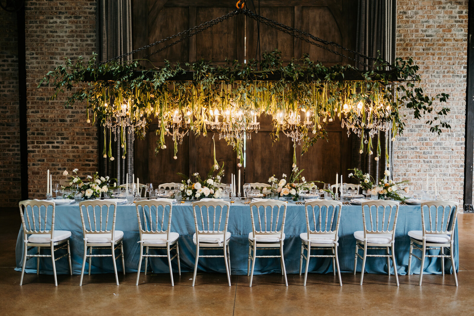wedding reception table with hanging tulips
