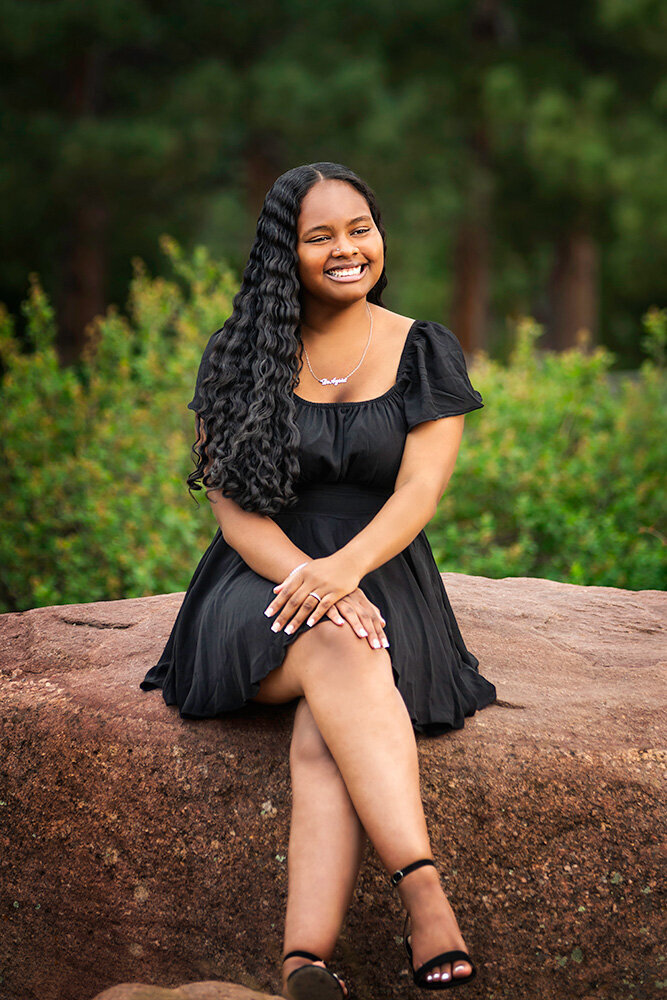 smiling-black-high-school-senior-portraits-beautiful-classic-timeless-black-dress-forest-green-trees-nature-mountain-happy-joyful